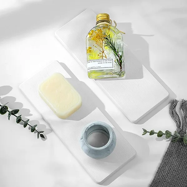 Razborci 2PCS Bathroom Sink Trays, Water Absorbing Diatomite Stone Quick Drying Mat for Kitchen Counter, Dish Rack Soap Dispenser Sponge Holder Caddy Vanity Organizer, White, 9"x3.5"