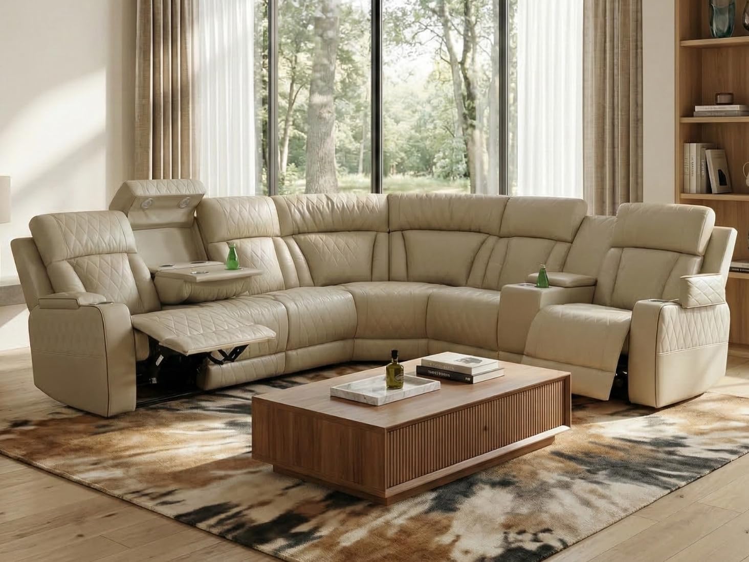 Power Recliner Sectional Sofa with LED Light, Breathing Leather Recliner Sofa Couch with Storage/Cup Holder for Living Room Home Office Theater (Beige)
