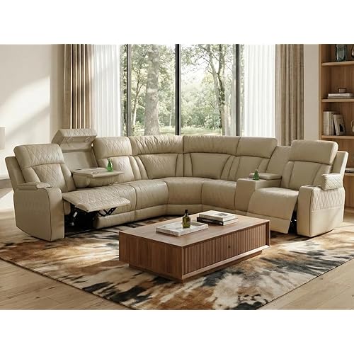 Power Recliner Sectional Sofa with LED Light, Breathing Leather Recliner Sofa Couch with Storage/Cup Holder for Living Room Home Office Theater (Beige)