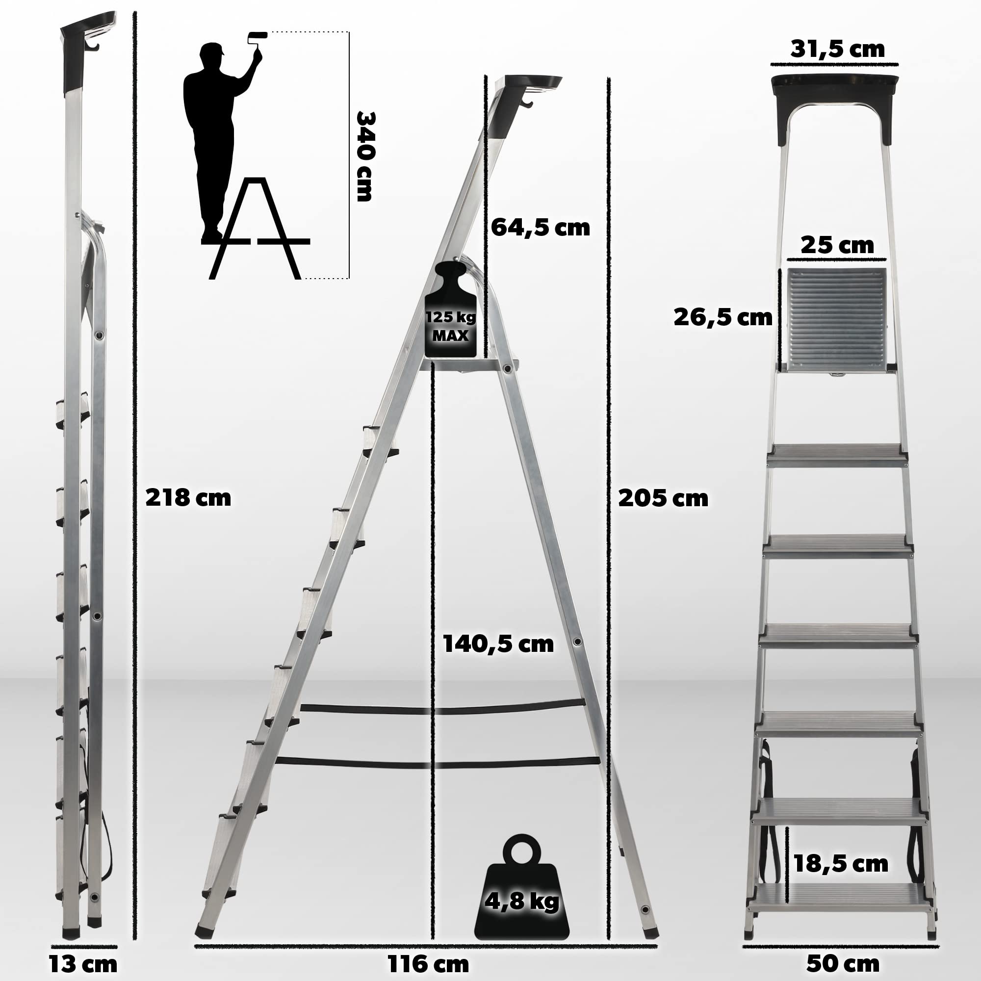KADAX Echelle Aluminium Pliable 6 marches | escabeau Multifonction | jusqu'a 150kg | antiderapante Stable | Menage Atelier