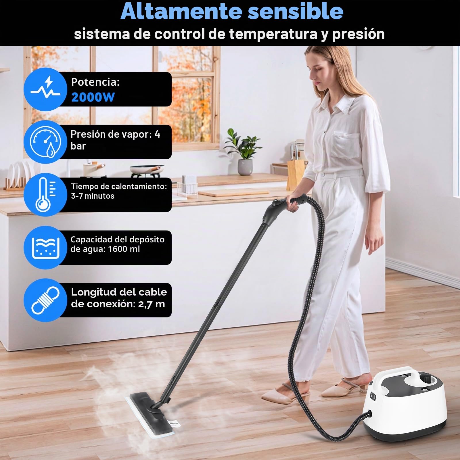 Vaporeta Limpieza Hogar 2000 W,Limpiador a Vapor con 1600ML Agua,4 Bar | 15 Accesorios,2.7m Alimentación,Elimina la Suciedad y la Grasa de Suelos, Muebles Tapizados y Superficies de Baño
