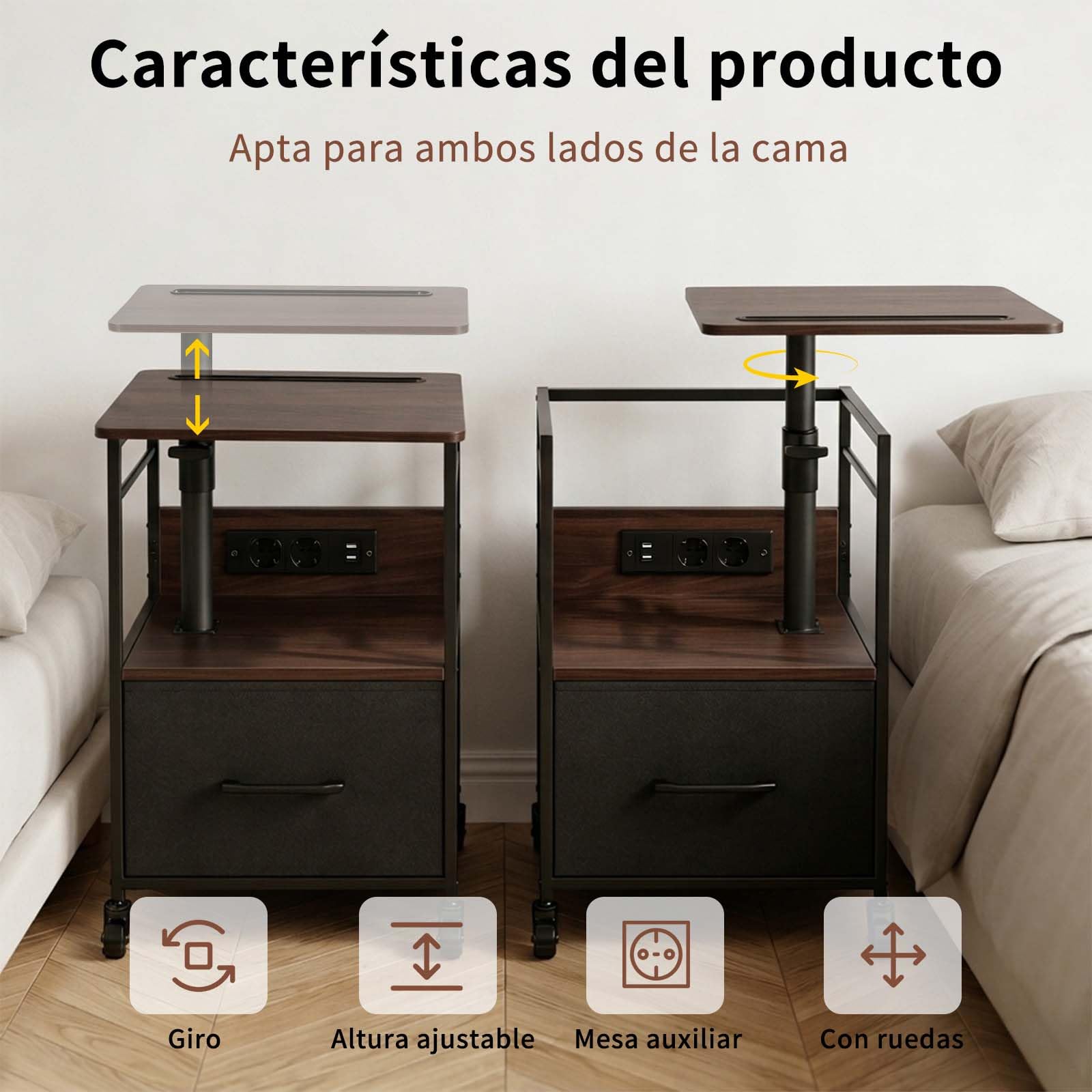 Mesita de Noche con Enchufe y USB, Mesa Auxiliar con Ruedas y Freno, giratoria 360° y Altura Ajustable, Gran almacenaje con cajón, Acabado Negro Nogal, Poste Reforzado, salón y Dormitorio