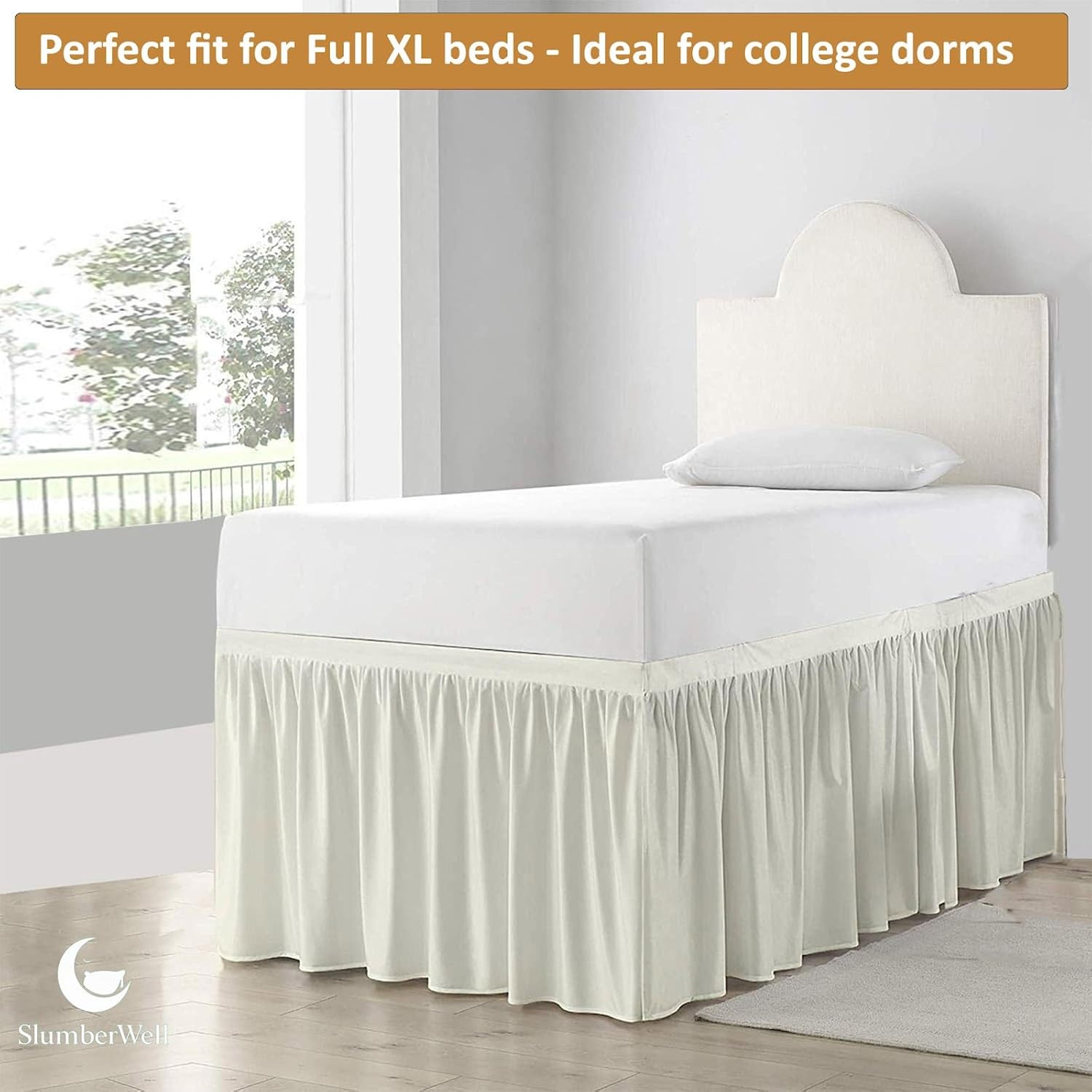 SlumberWell Microfiber Extra Long Ruffled Bed Skirt for Collage Dorm Room, Three Sided Panel, Easy Fit & Stylish for Beds, Full XL 36 Inch Drop, Ivory