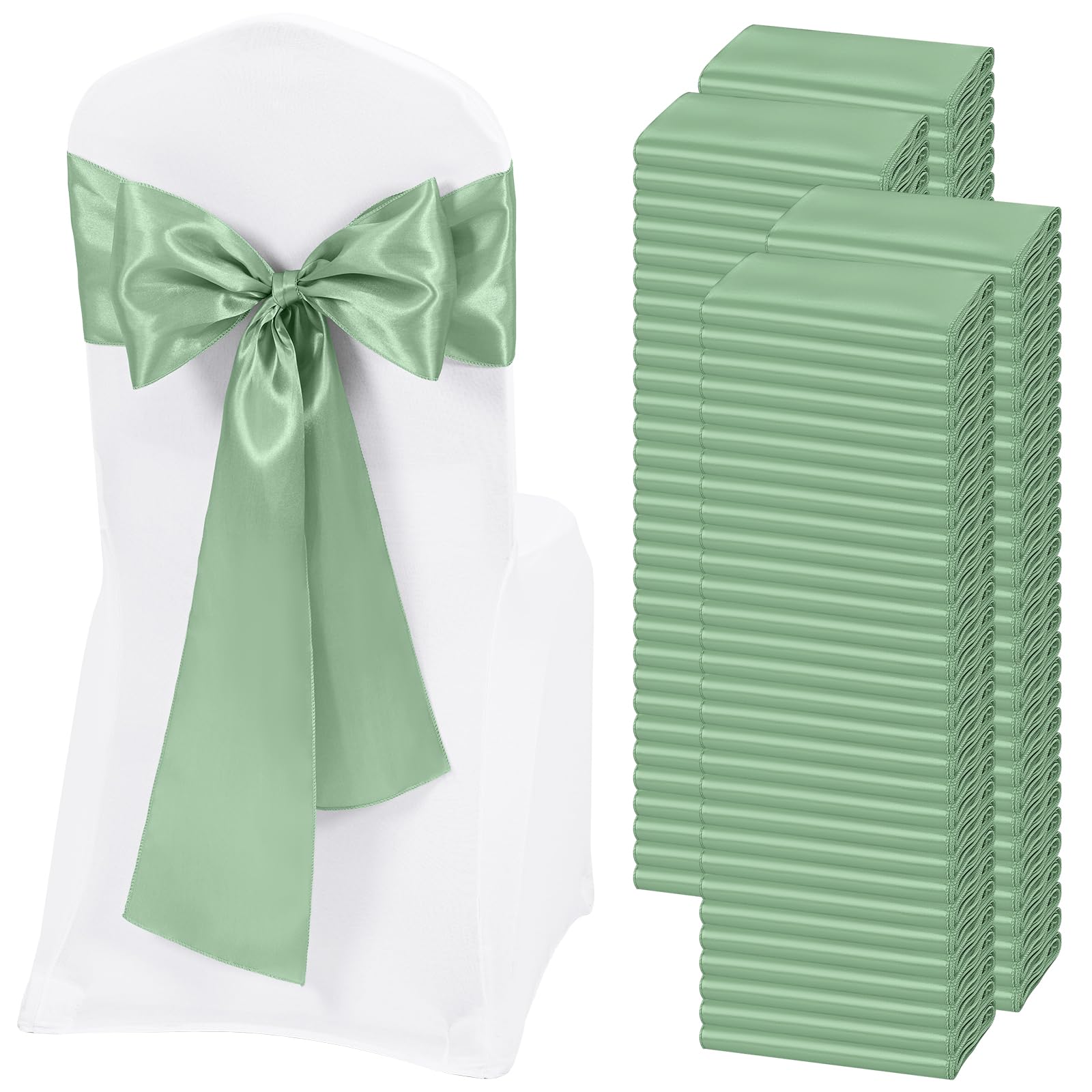Photo 1 of REWOMC 120 PCS Sage Green Satin Chair Sashes, Ties Bows Designed Chairs Decorative, Chair Cover Sashes for Thanksgiving Wedding Christmas Banquet Party Home Kitchen Decoration (7 x 108 inch)