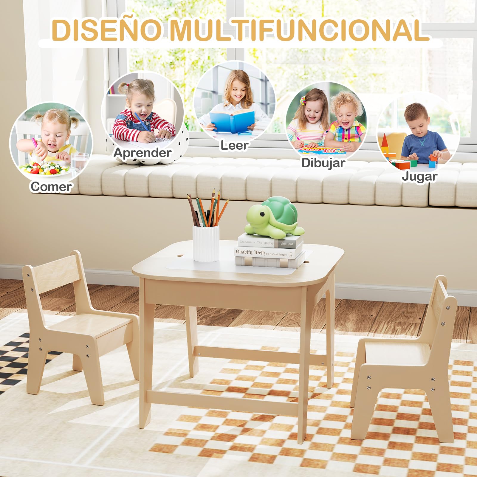COSTWAY Juego de Mesa y Sillas para Niños, Juego de Mesa de Actividades Infantil con Almacenamiento Oculto, 2 Sillas Ergonómicas, Set de Muebles para Arte, Manualidades (Natural)
