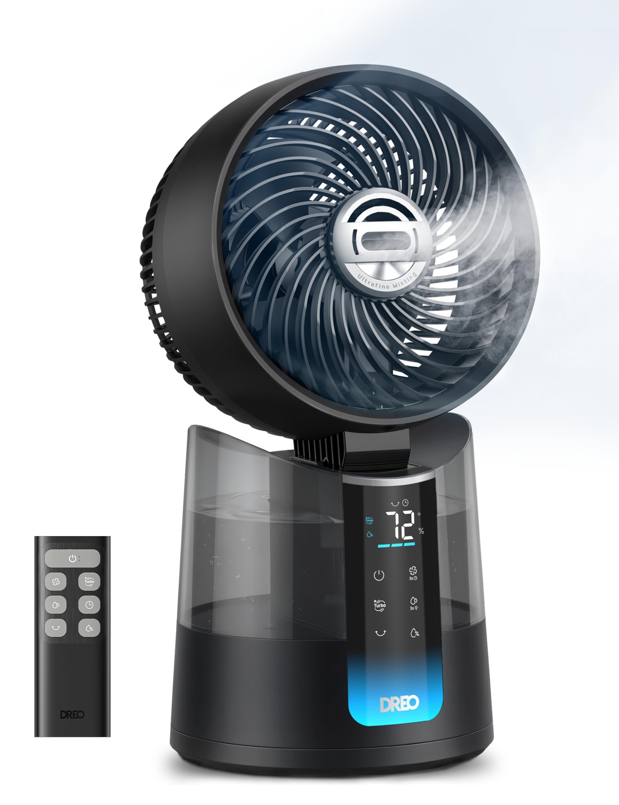 DREO TurboCool 516 Nebelventilator omnidirektionaler oszillierender Computerkühler, 150°+30°, Verdunstungsluftkühler, 7,9m/s Wind, ultradünner Nebel, 20dB