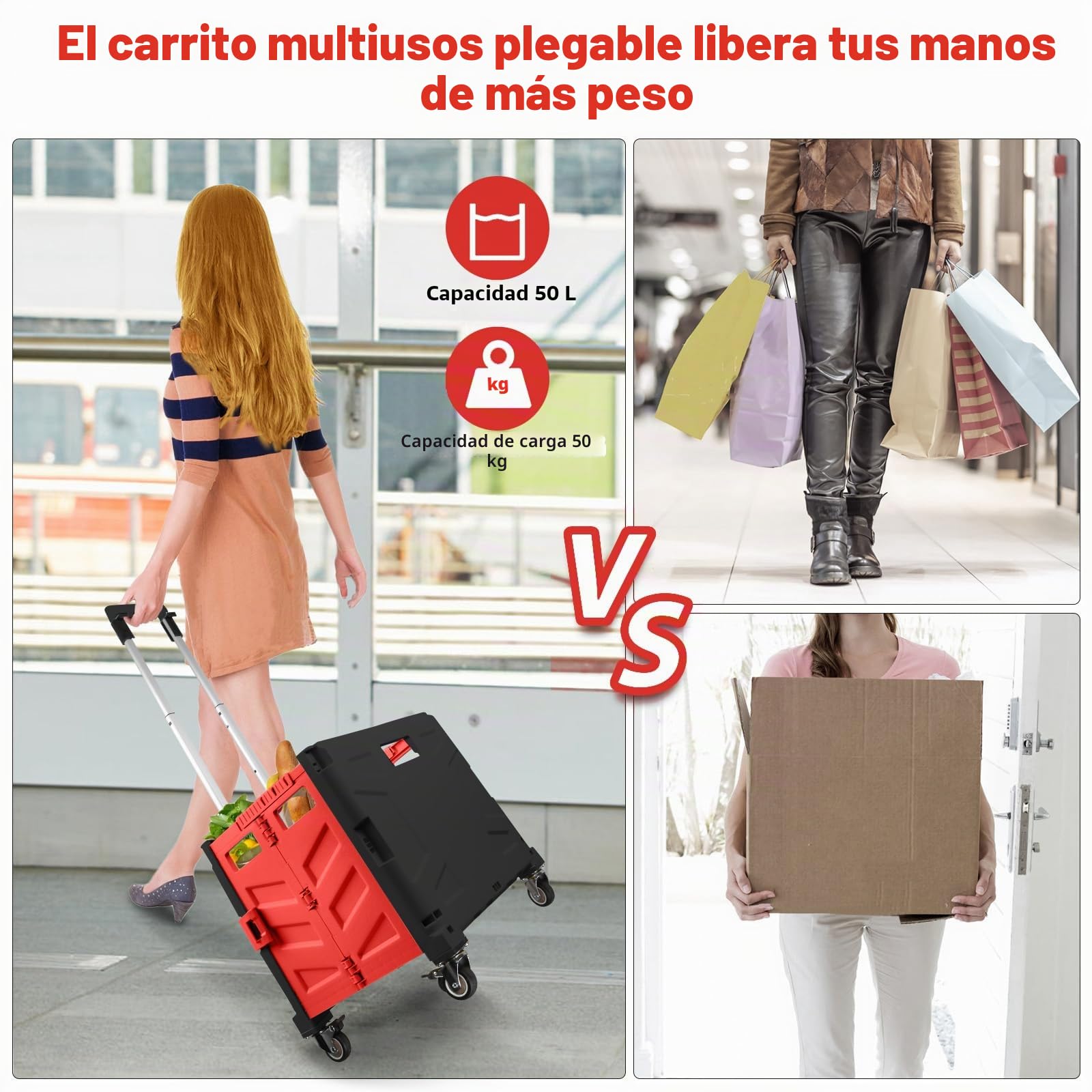 Carro de la compra plegable, carrito de transporte, hasta 50 kg, caja de 50 l, cesta de la compra con tapa, asa extensible de aluminio, 4 ruedas metálicas giratorias de 360°, 103 x 43 x 38 cm
