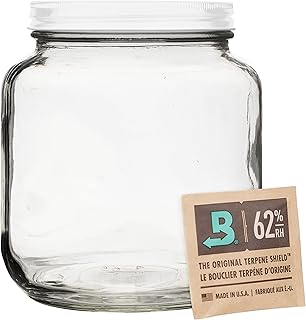 Smell Proof Jar Glass Container with Airtight Metal Lid - Includes Humidity Pack 62% Keeps Contents Fresh for Many Months - Large Capacity Stash Mason Jar - Half Gallon