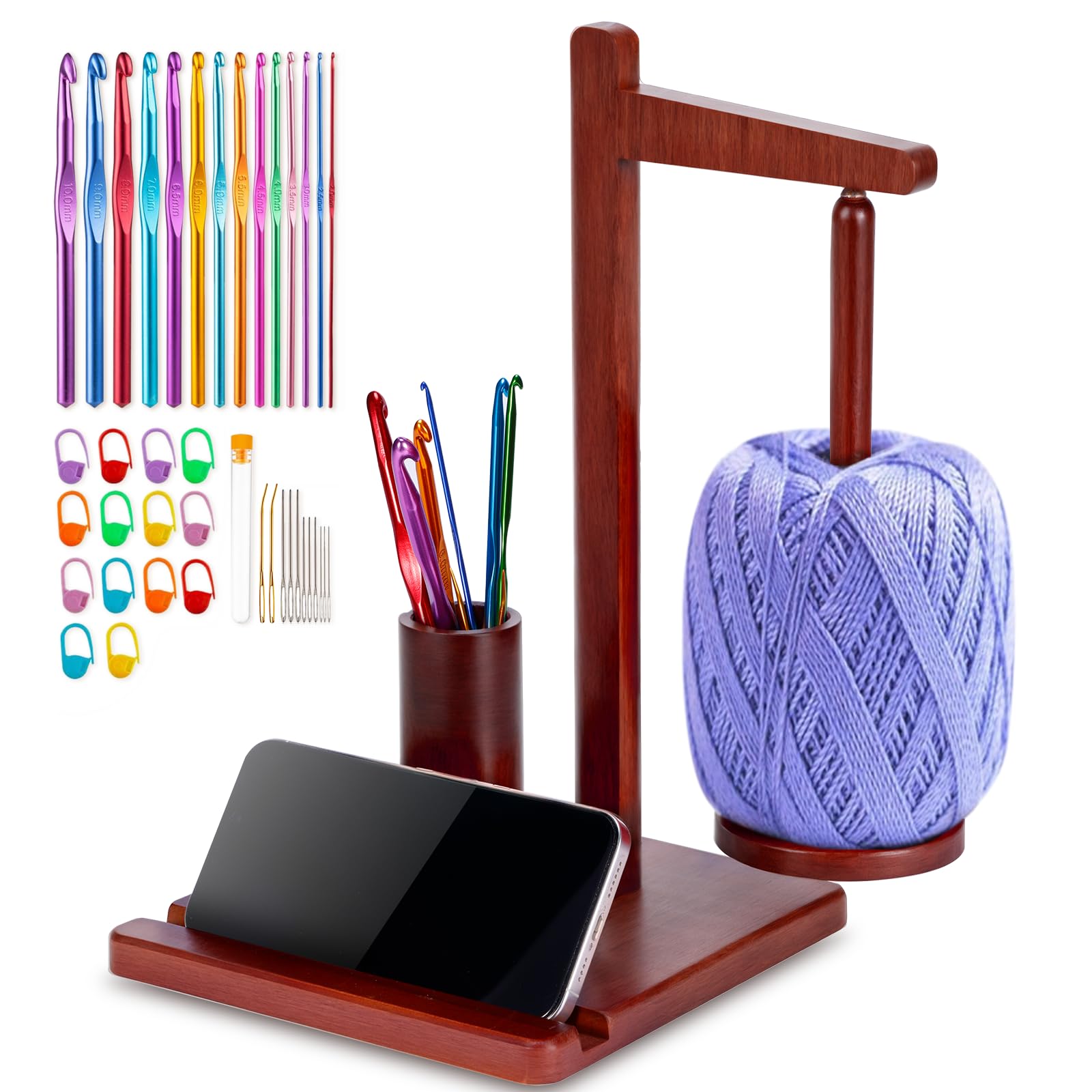 Wooden Yarn Holder for Crocheting Supplies, Knitting Crochet Accessories Gadgets Kit, Yarn Spinner for Spool Rack, Yarn Ball Winder Storage Organizer Tools, Cool Beginners Gifts for Crocheters Lovers