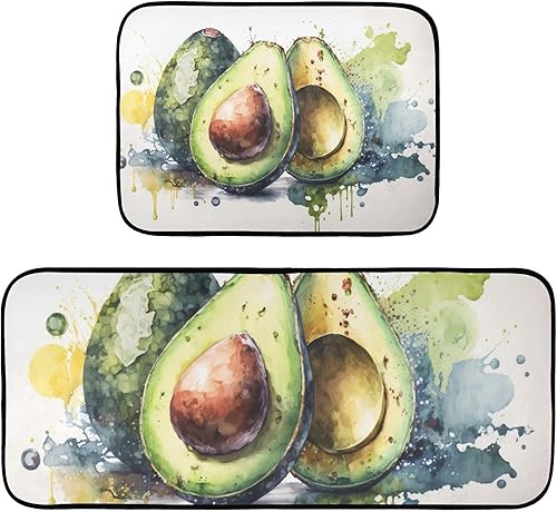 ZENWAWA Watercolor Avocado Painting Kitchen Mats 2 Pcs, Anti Fatigue Non-Slip Kitchen Rugs Cushioned Absorbent Comfort Floor Mats for Kitchen