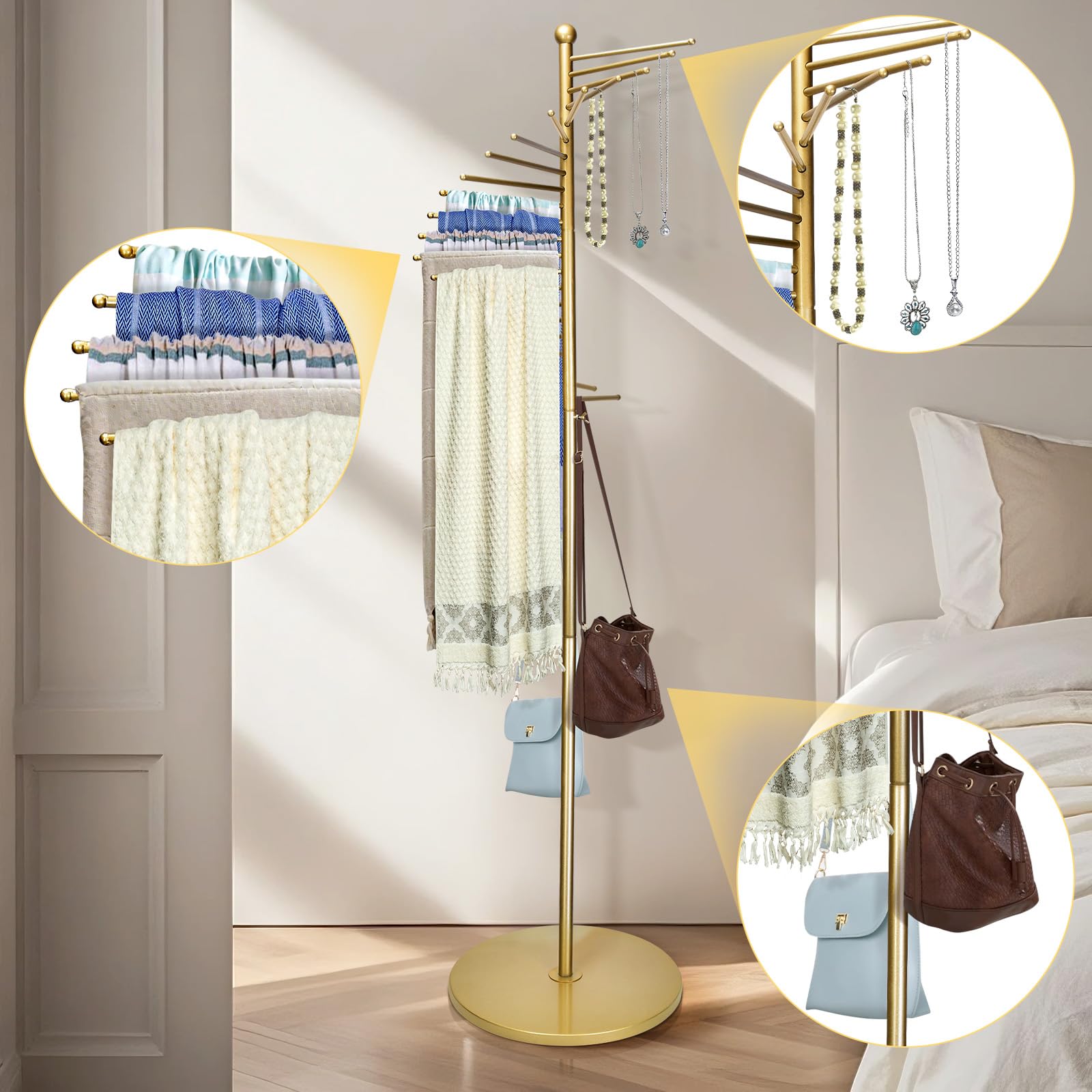 Porte-écharpes en métal, support d'écharpe en spirale autonome, hijab commercial, cintre de ceinture, pantalon, hauteur réglable de 140 à 170 cm, avec 22 tiges pour magasin de vêtements, maison