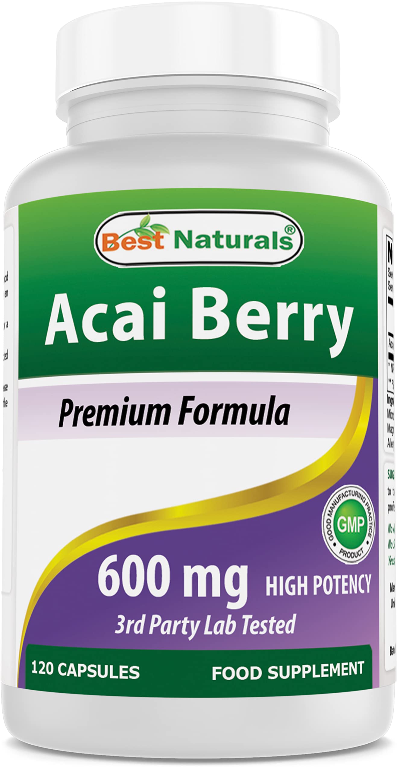 #1 Acai Berry 600mg per Serving by Best Naturals -- 100% Pure High Potency -- Supports Fat Metabolism -- Manufactured in a USA Based GMP Certified Facility and Third Party Tested for Purity. Guaranteed!! (120 Caps)