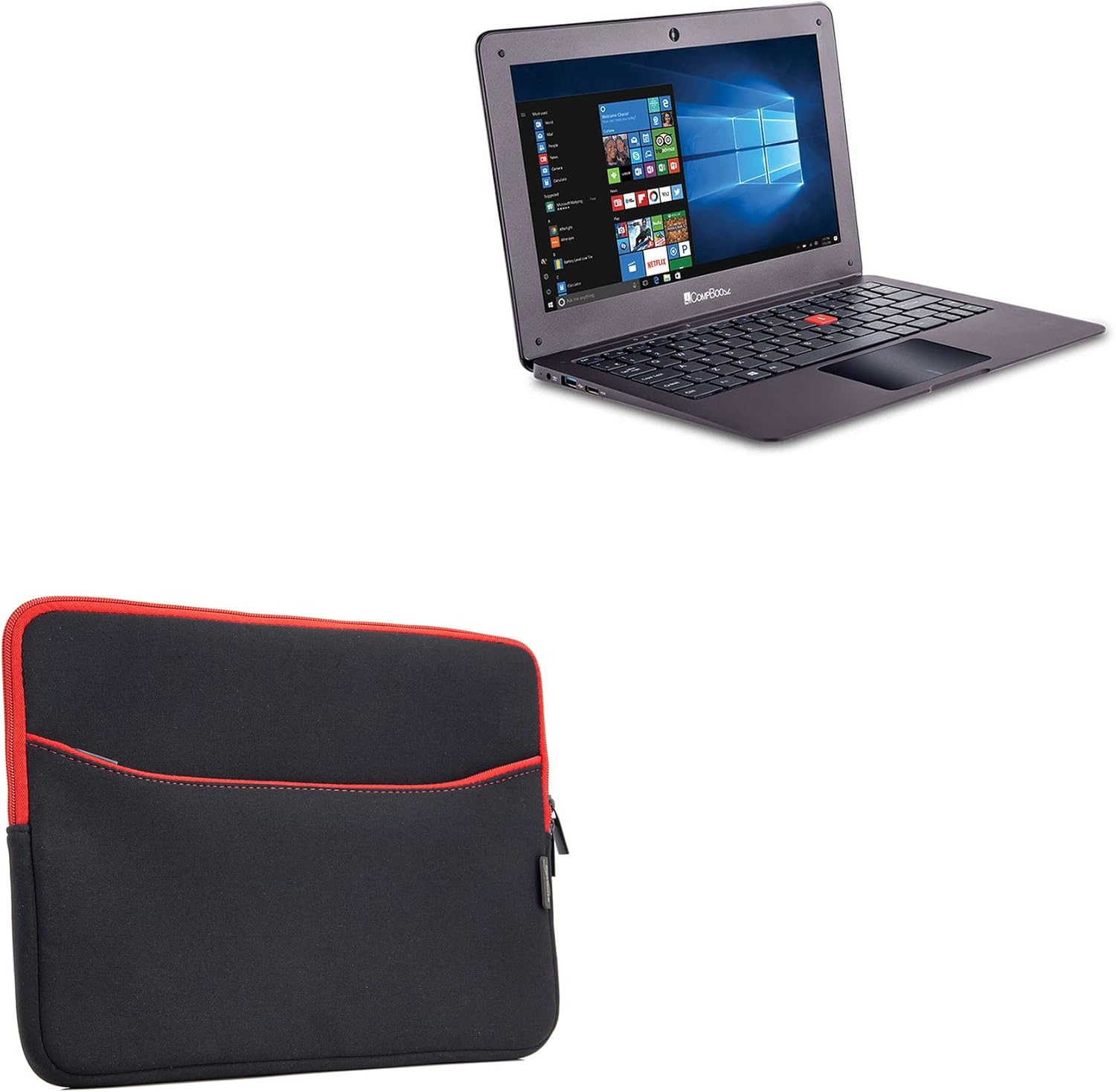 BoxWave Case Compatible with iBall CompBook Excelance-OHD IPS - SoftSuit with Pocket, Soft Pouch Neoprene Cover Sleeve Zipper Pocket - Jet Black with Red Trim