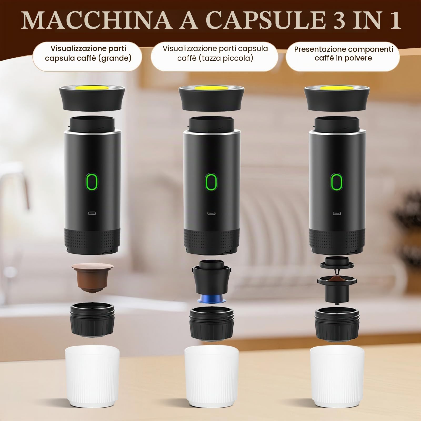 Macchina da Caffè 3 in 1, 4-6 Minuti di Auto-Riscaldamento, per Espresso, Piccole Capsule, Grandi Capsule, Caffè Macinato, Portatile per Ufficio, Casa, Auto, Bianco