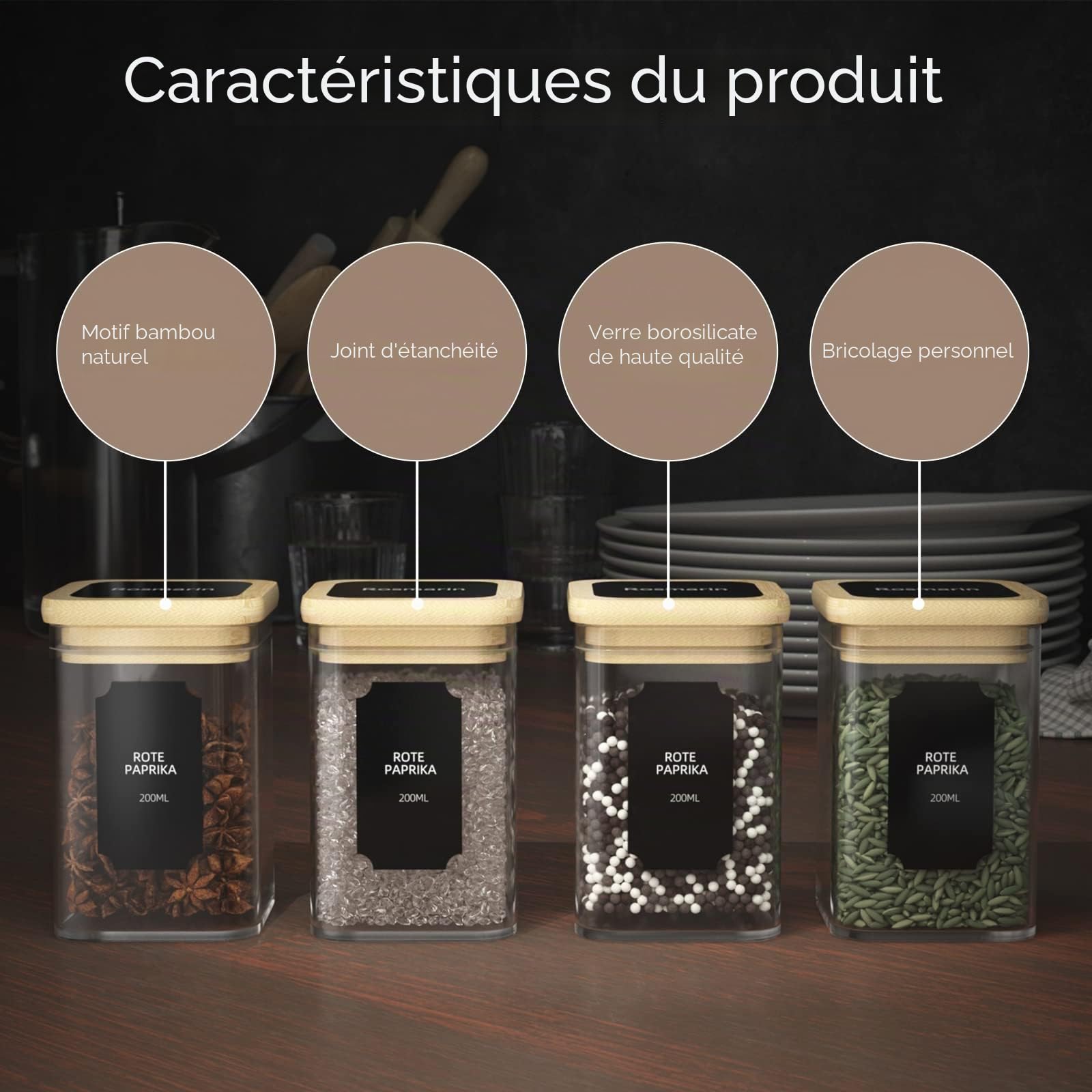 Finew Set de pots à épices carrés -12x200ml, bocal epices verre avec couvercle en bambou, bocaux de stockage en verre hermétiques avec étiquettes et marqueurs, bocaux pour conserver les épices herbes
