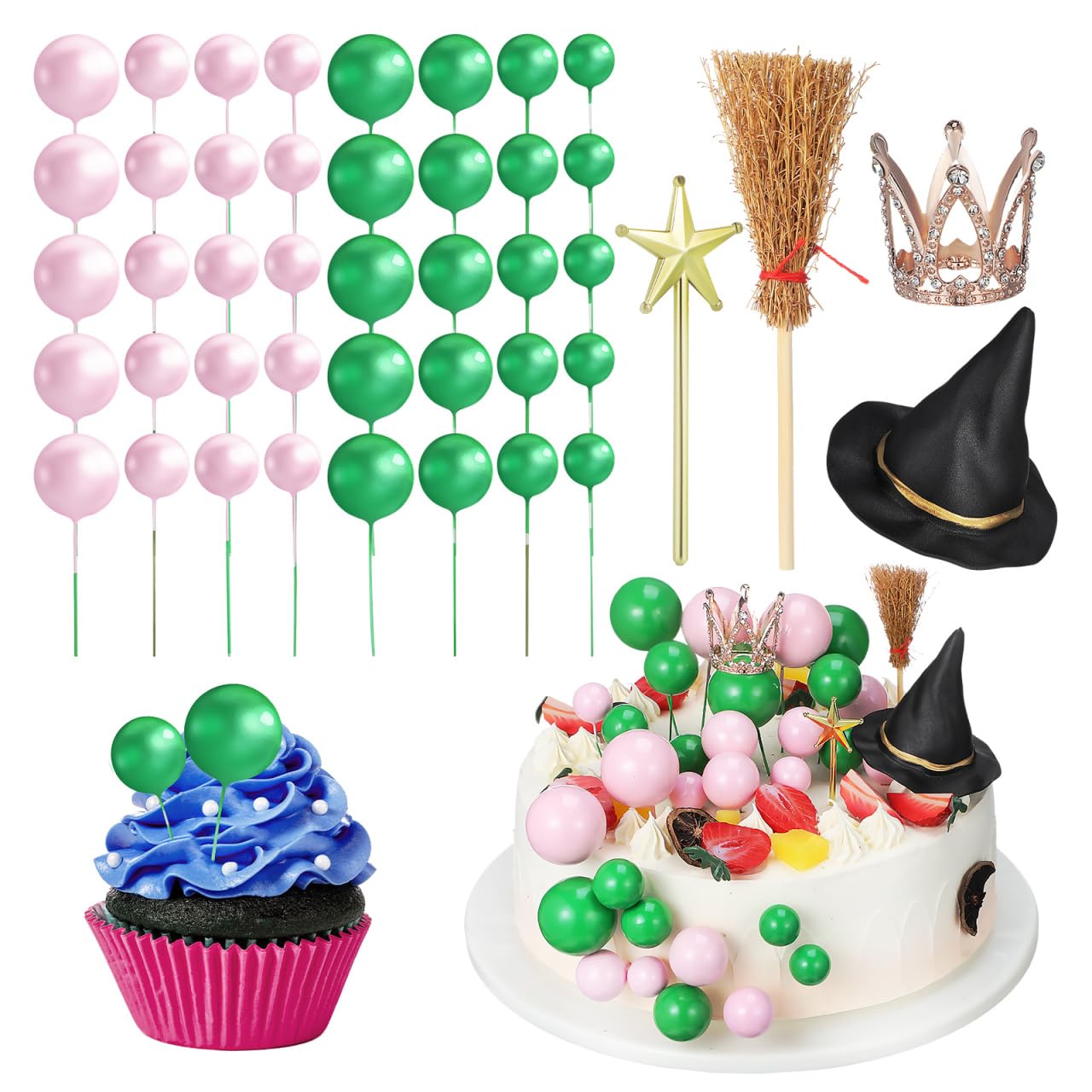 VANZACK Wicked Cake Topper, 44Pcs Pink Green Balls Witch Hat Pick Crown Star Broom Wand Wicked Cake Decoration for Halloween Magic Witch Wizard Baby Shower Birthday Party Cake DIY Supplies