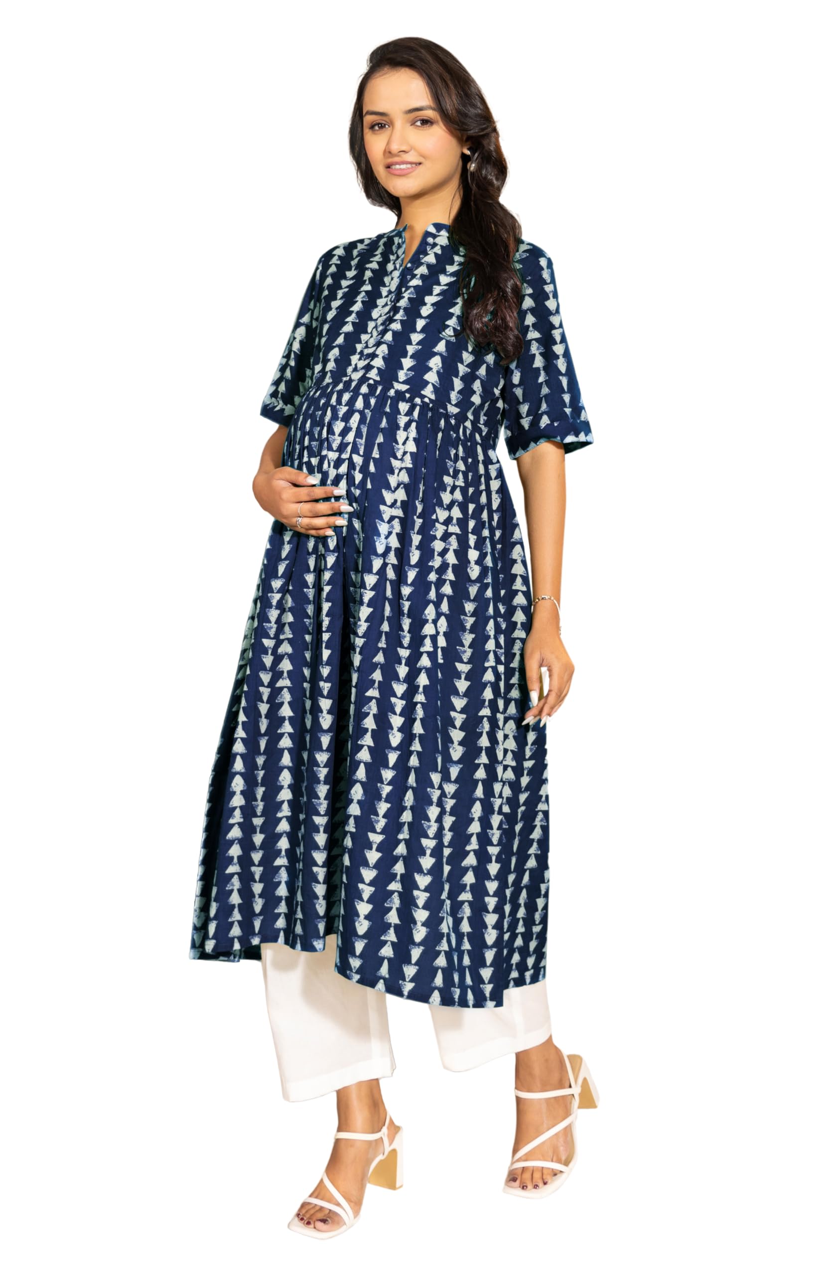 Women's Indigo Pure Cotton Geometric Printed A-Line Maternity Kurta-image-19