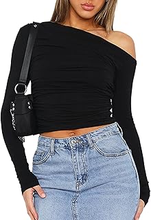 ZPLxi Women's Casual Long Sleeve Crop Tops Boat Neck Off Shoulder Slim Fit Solid Color Going Out Blouse Y2K Tight Shirts