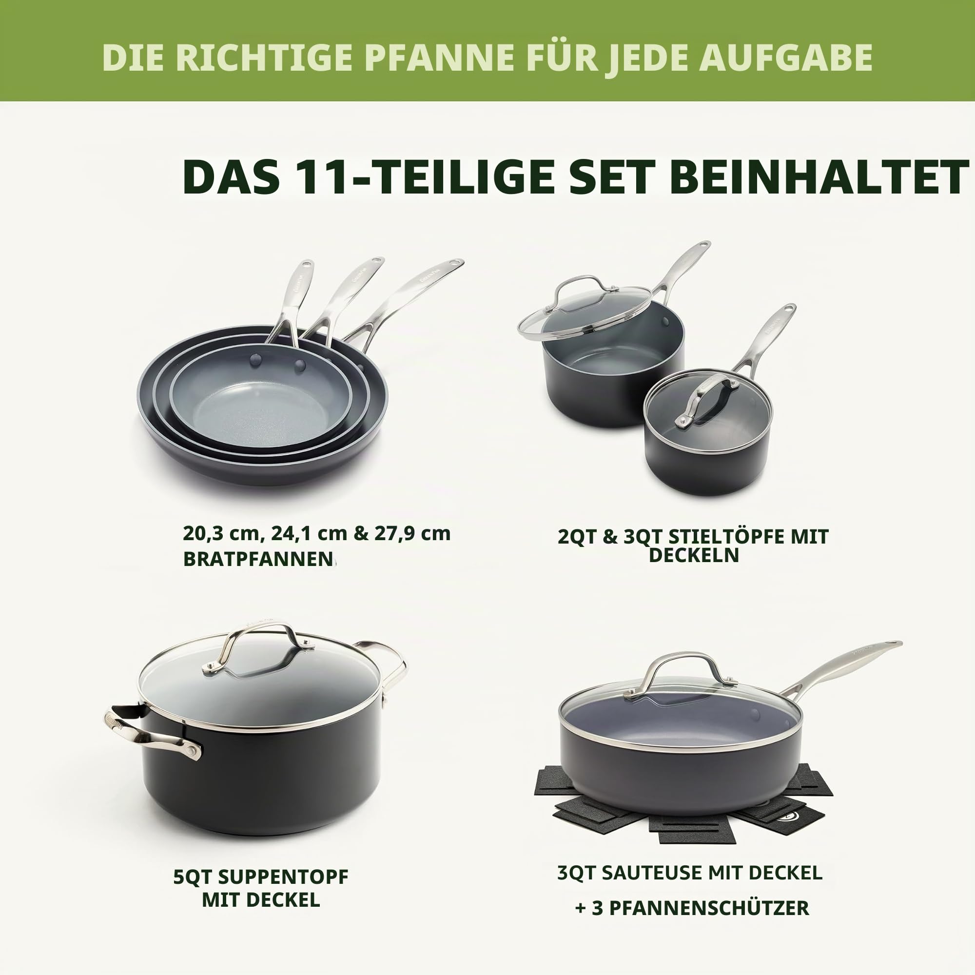 GreenPan Valencia Pro Hartanodisierte Gesunde Keramik Antihaft 11-teiliges Kochgeschirr-Set, Töpfe und Pfannen, PFAS-frei, Inklusive Bratpfannen,Sauteusen,Induktion,spülmaschinenfest,backofenfest,Grau