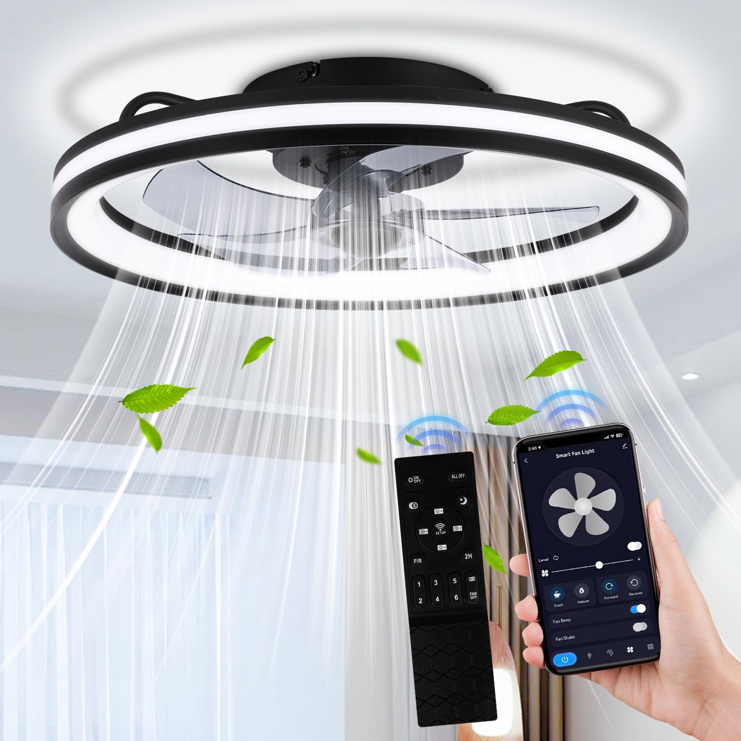 Daromigo Ventilatore da Soffitto con Luce Ø50 cm, Ventilatore LED Dimmerabile con Telecomando e App Bluetooth, 6 Velocità, Timer, Funzione Reversibile Estate/Inverno, per Camera, Nero