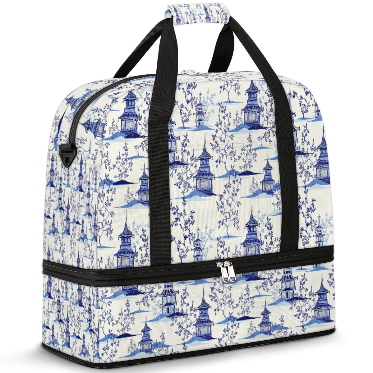 Bolsa de viaje vintage japonesa con pagodas de tinta azul para mujeres y hombres, estampado japonés, bolsas de fin de semana, bolsas plegables separadas para húmedos, bolsa de 47 L para deportes,