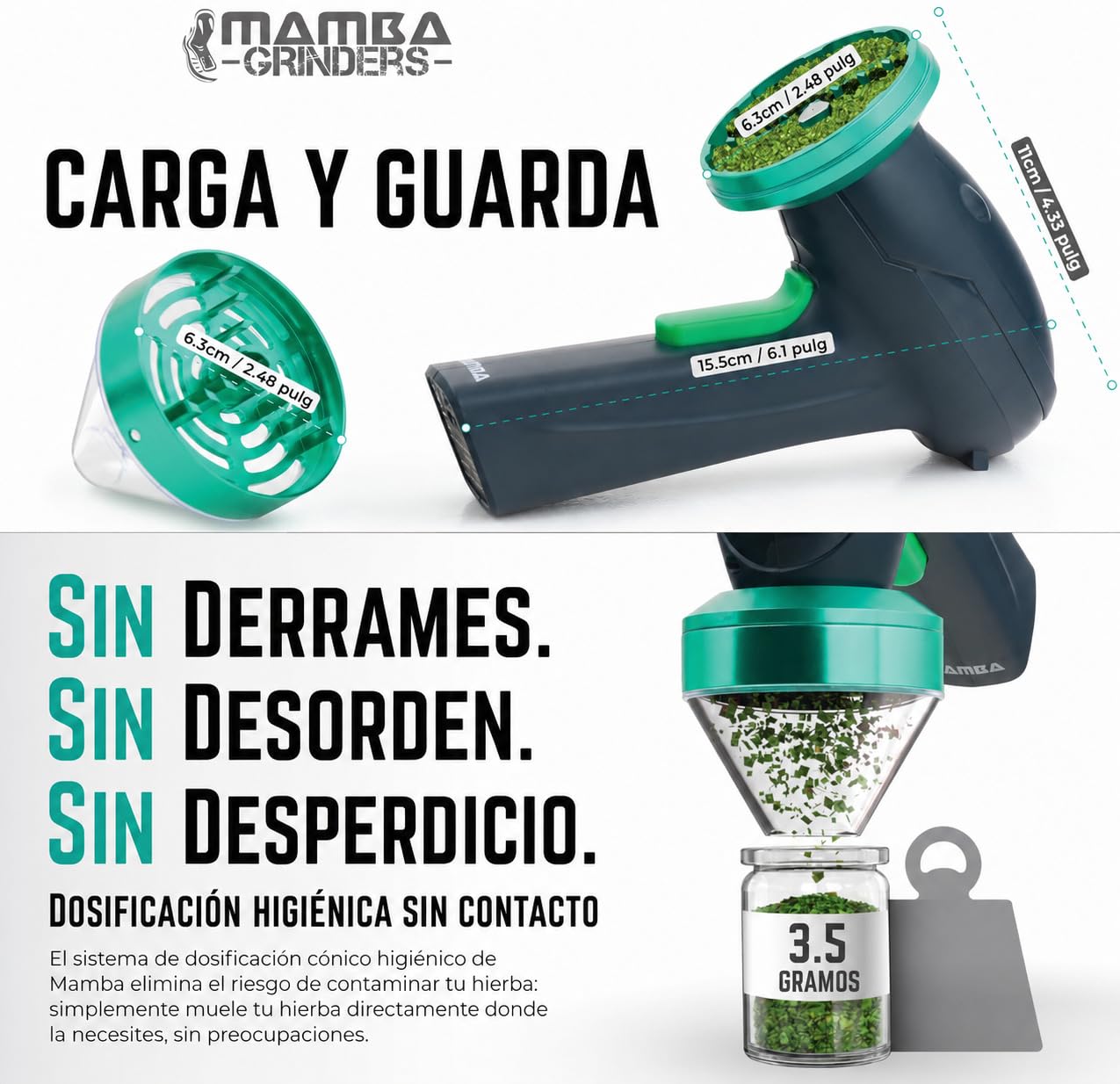 Mamba Monster Molinillo 3,5g para Especias Recargable USB, Verde | 3,5g capacidad, tubo cargador integrado, molienda unimanual, ideal para hierbas y especias de cocina