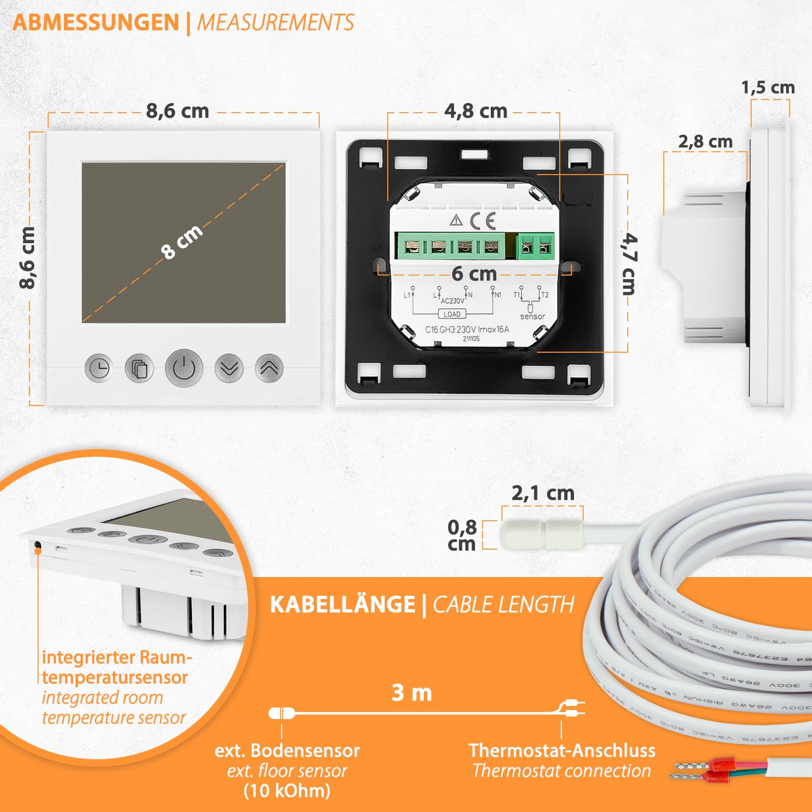 Thermostat numérique encastré blanc avec écran de 8 cm de diagonale - Programmation hebdomadaire - Sécurité enfant - Pour chauffage au sol électrique ou à eau