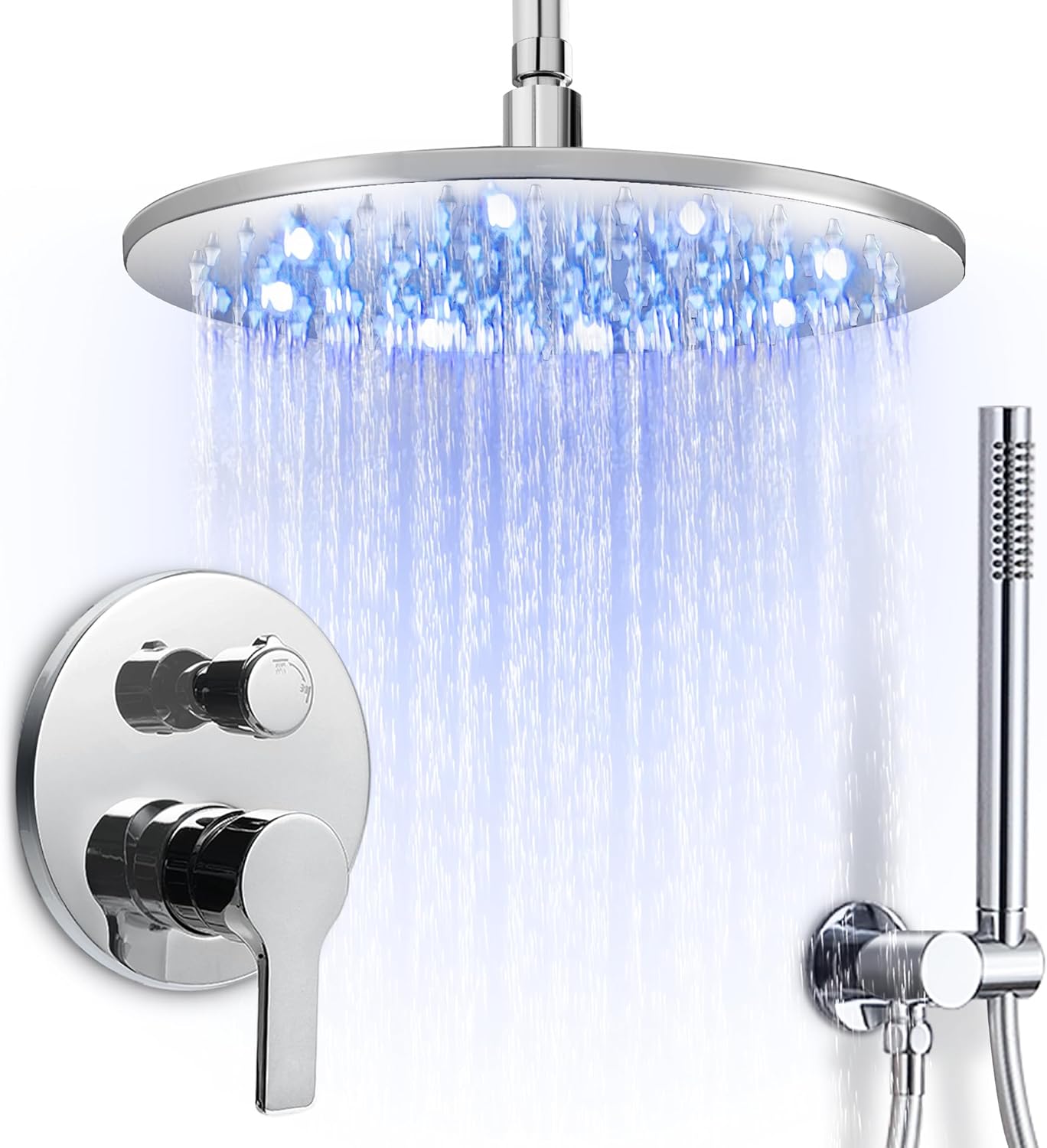 SKOWLL Ceiling Mount Rainfall Shower System, 12 Inch LED Chrome Shower Head System with Handheld, 2 Function Shower Faucets Sets Complete Rough-in Valve and Trim Included