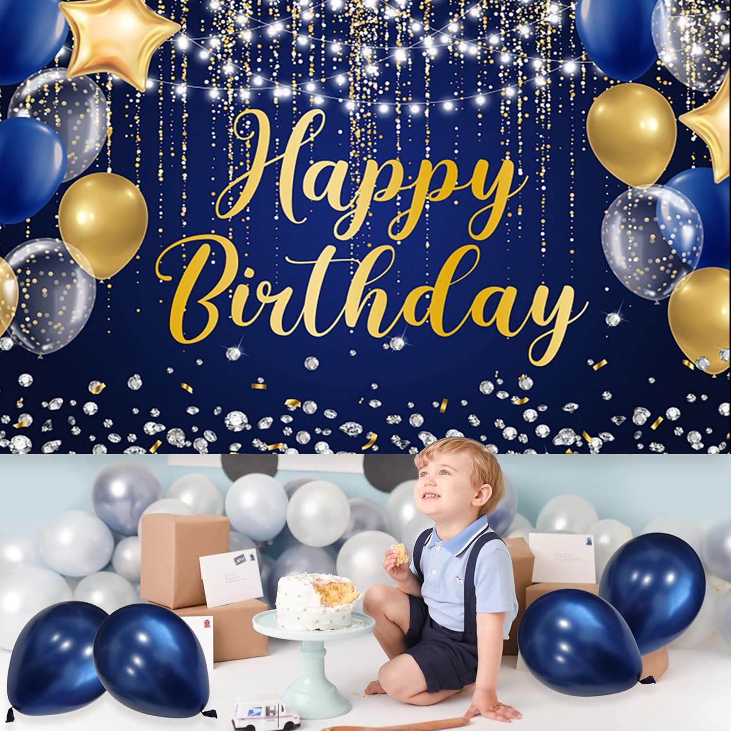 4,6 x 2,7 m blauer Hintergrund "Happy Birthday" mit blauen goldenen Glitzern, silbernen Punkten, Sternen, Luftballons, Geburtstag, Fotografie, Hintergrund, Jungen, Männer, Geburtstagsparty