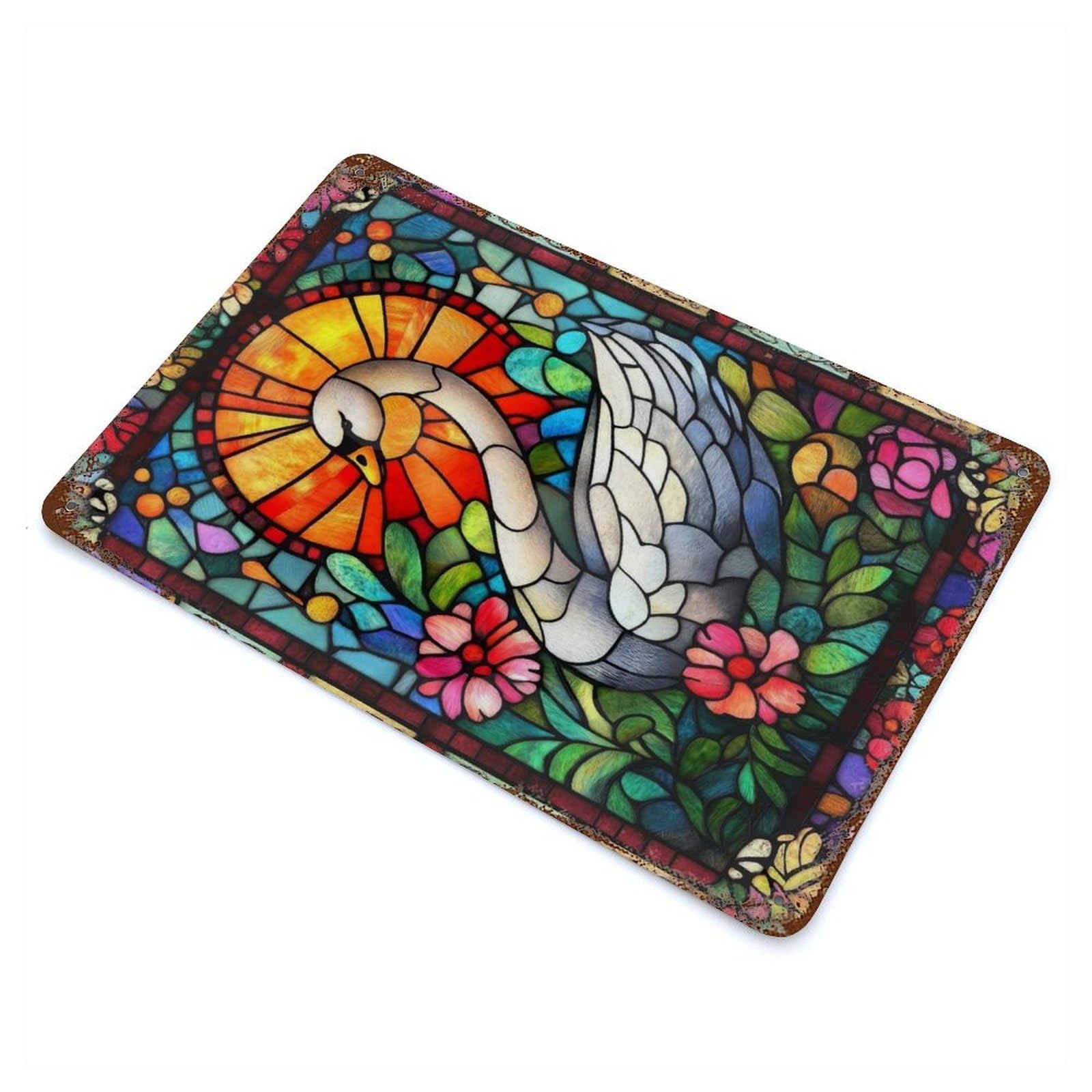 Garage Style Stained Glass Swan Aged Metal Wall Plaque 11.8"x7.9", Farmhouse Wall Decor for Bar And Workshop