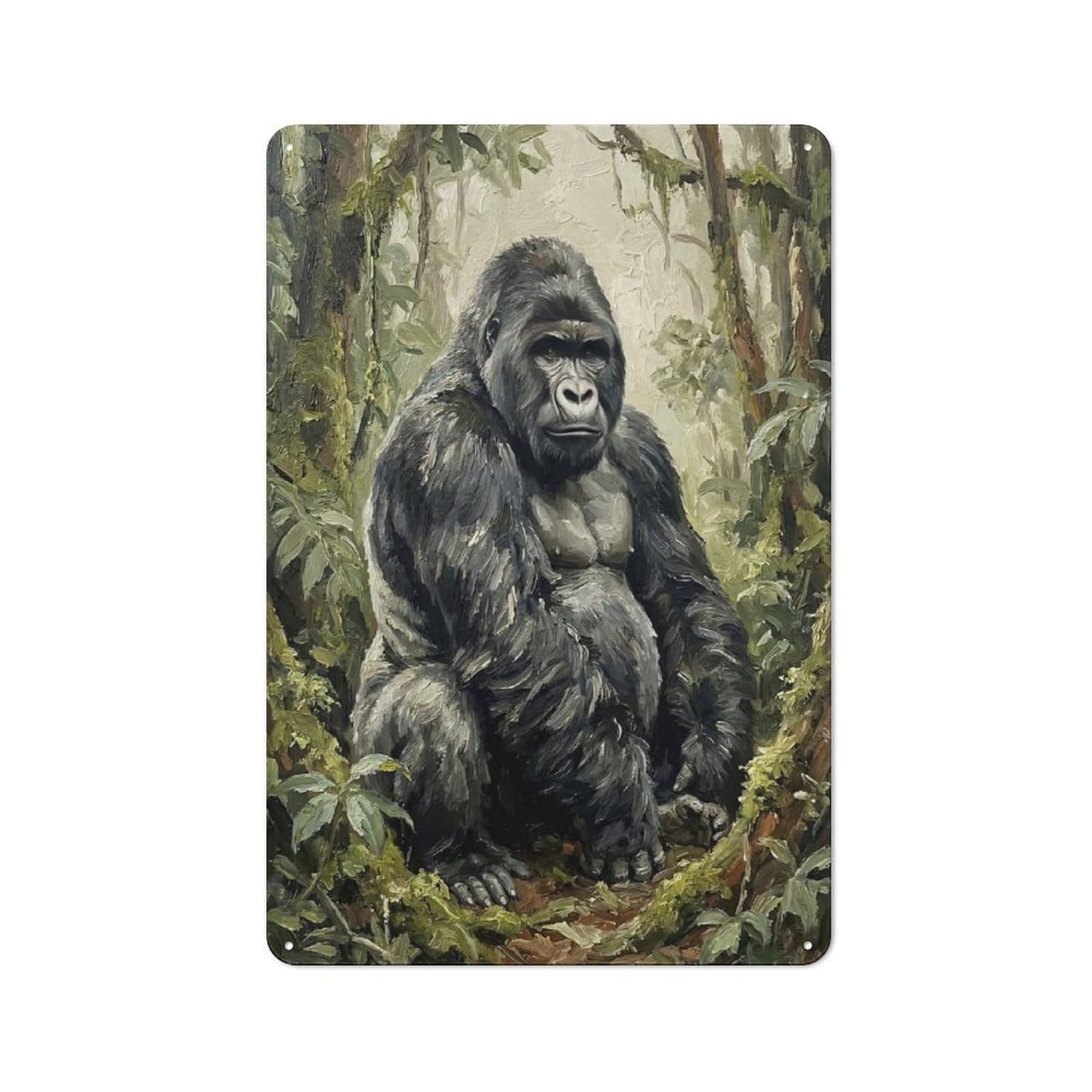 Junmoney Style-23 Tin Wall Plaque 30X20cm With Majestic Gorilla In Lush Forest For Living Room Wall, For Kitchen, Dining Room And Home Bar Wall Decor