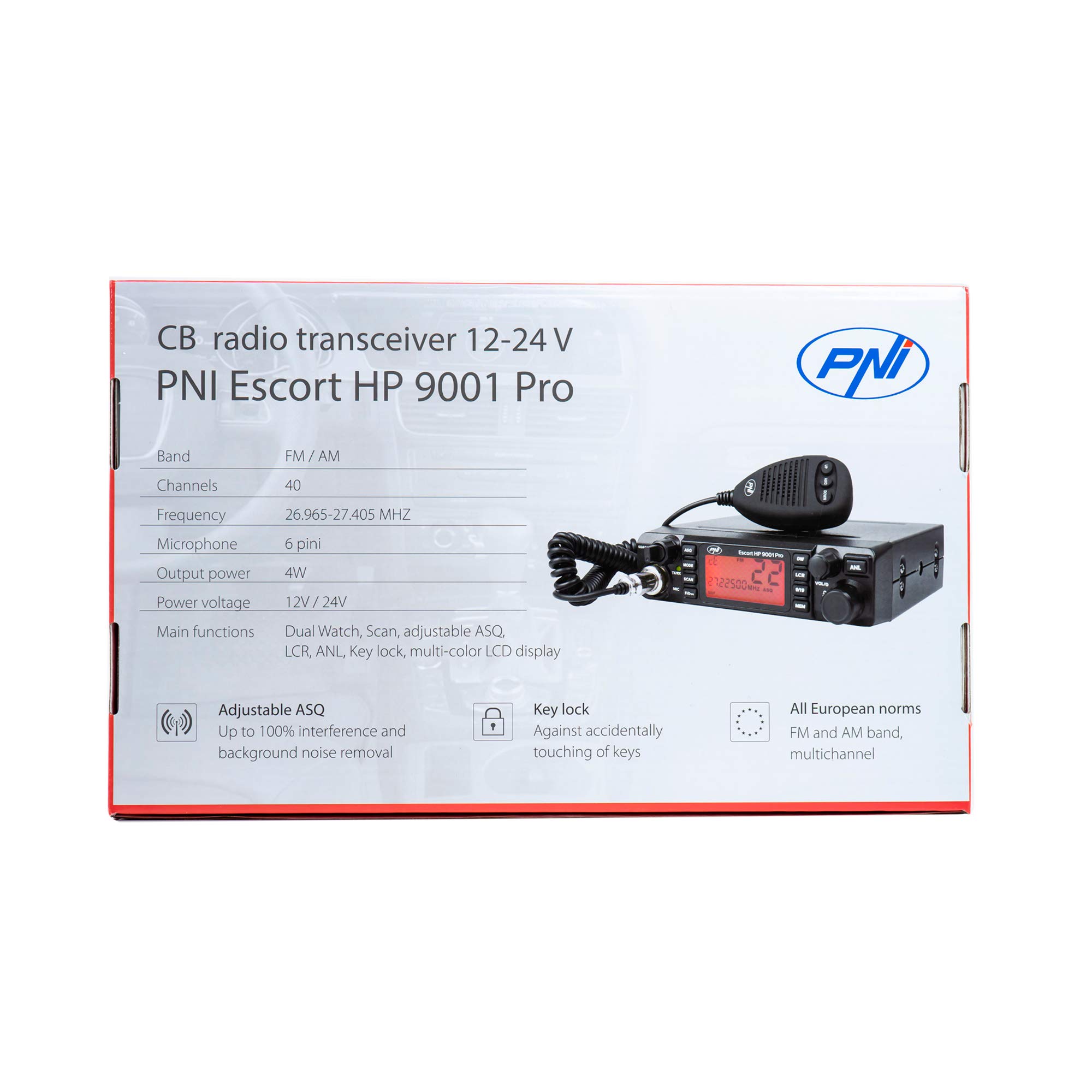 Radio CB PNI Escort HP 9001 PRO ASQ regulowane, AM-FM, 12 V / 24 V, 4 W, skanowanie, podwójny zegarek, ANL, kolorowy wyświetlacz