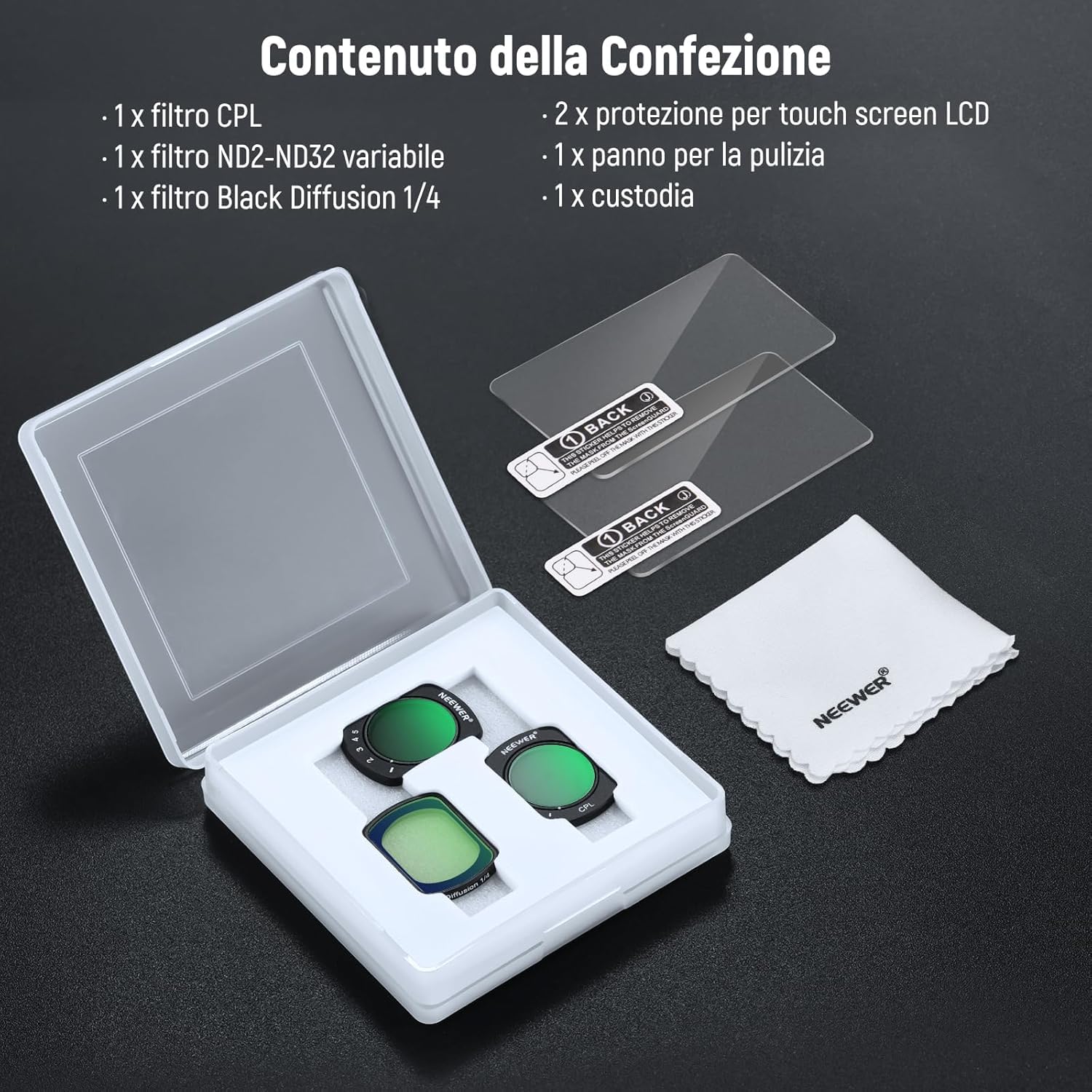 NEEWER Set Filtri Magnetici Compatibile con DJI Osmo Pocket 3 / Pocket 4 / Xtra Muse, Filtro a Densità Variabile ND 2-32 con Polarizzatore CPL Black Diffusion 1/4 Filtro Per Effetto Mist Cinematic