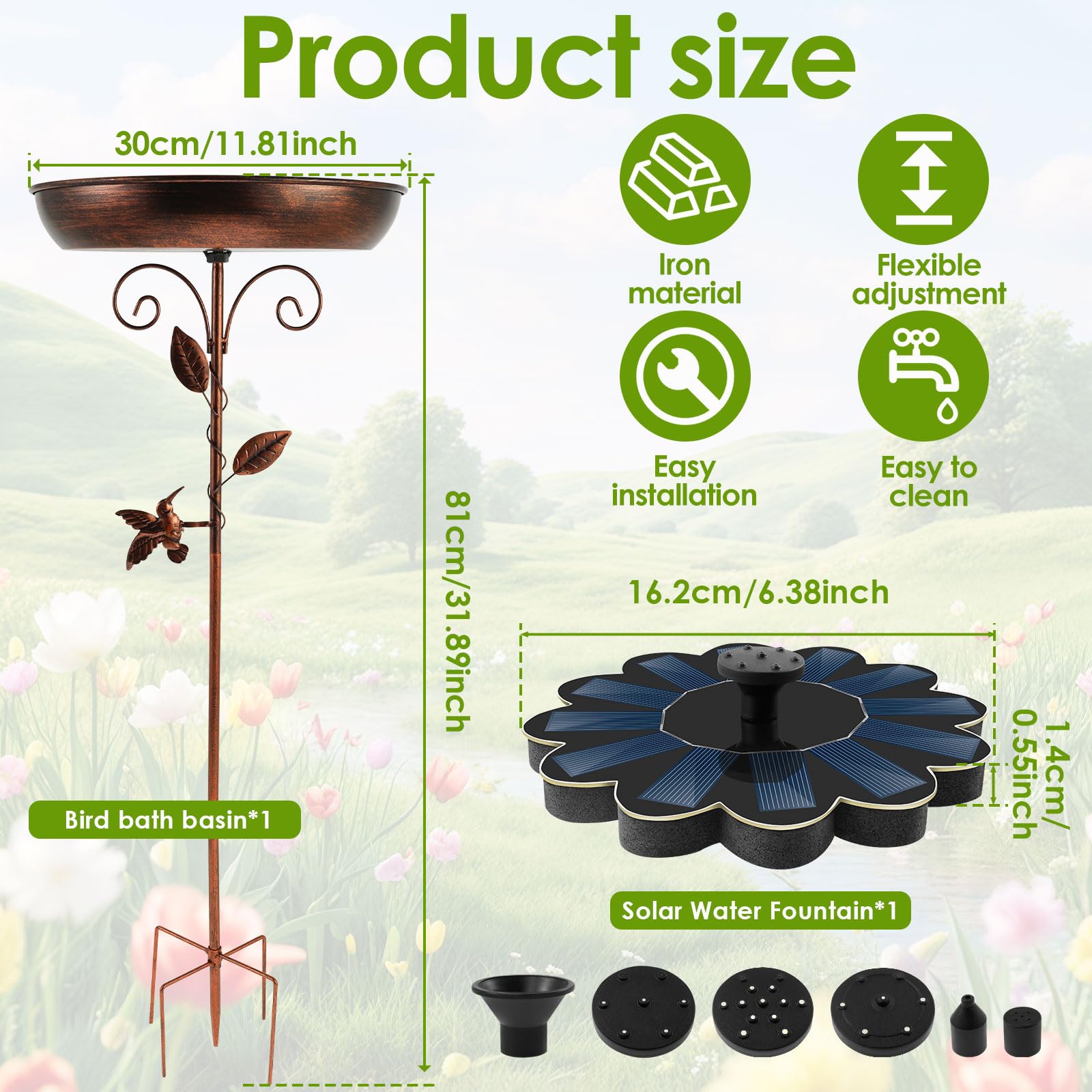 Abreuvoir pour oiseaux debout, diamètre : 30 x 80 cm, avec fontaine solaire, pour l'extérieur, ultra inoxydable, robuste, durable, en métal, vintage, en métal, pour l'extérieur, grand bain d'oiseaux