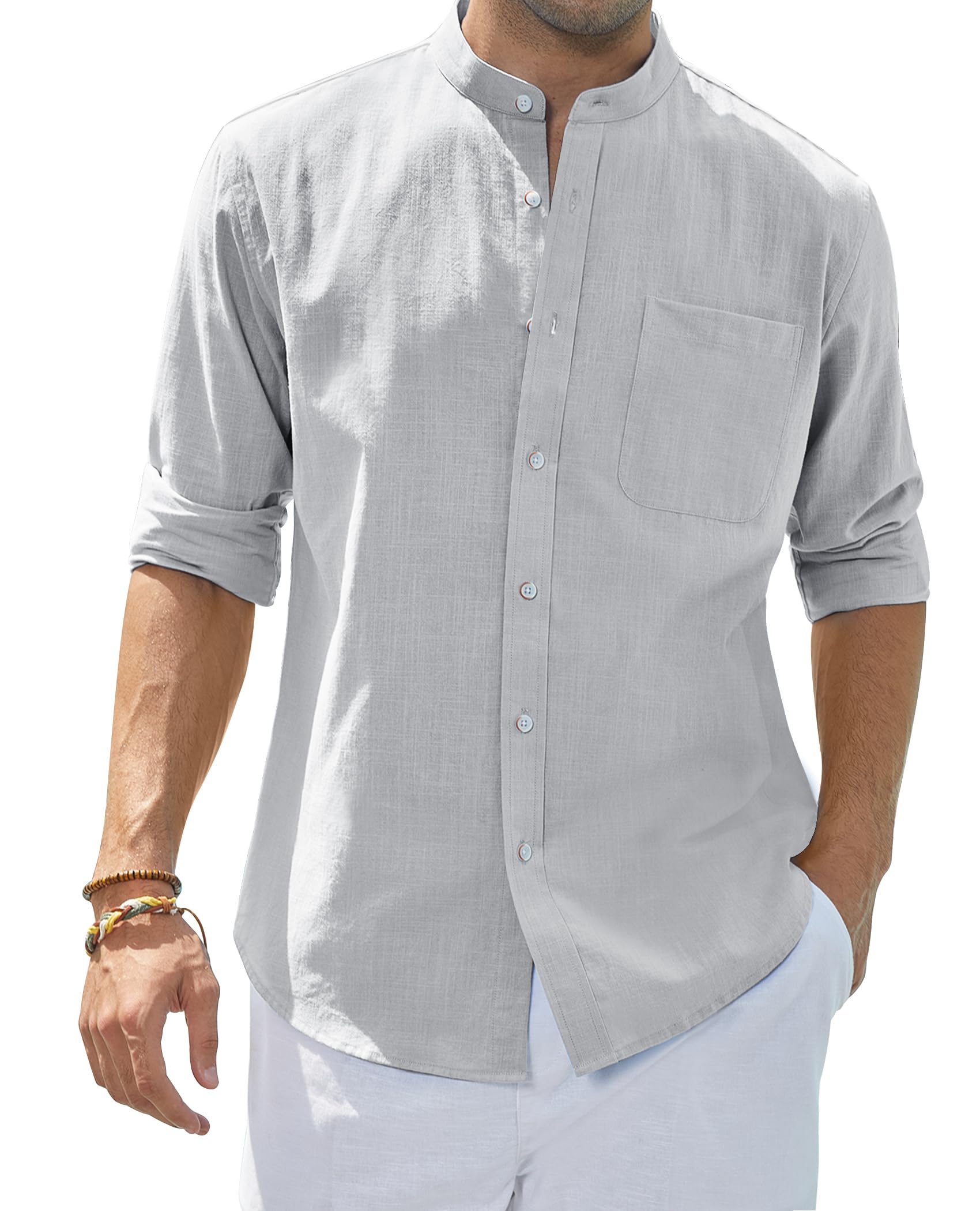 siliteelon Herren Hemd Leinenhemd Langarm Stehkragen Leinenshirt Hemden Herren Freizeithemd Casual Regular Fit Sommer Standhemd