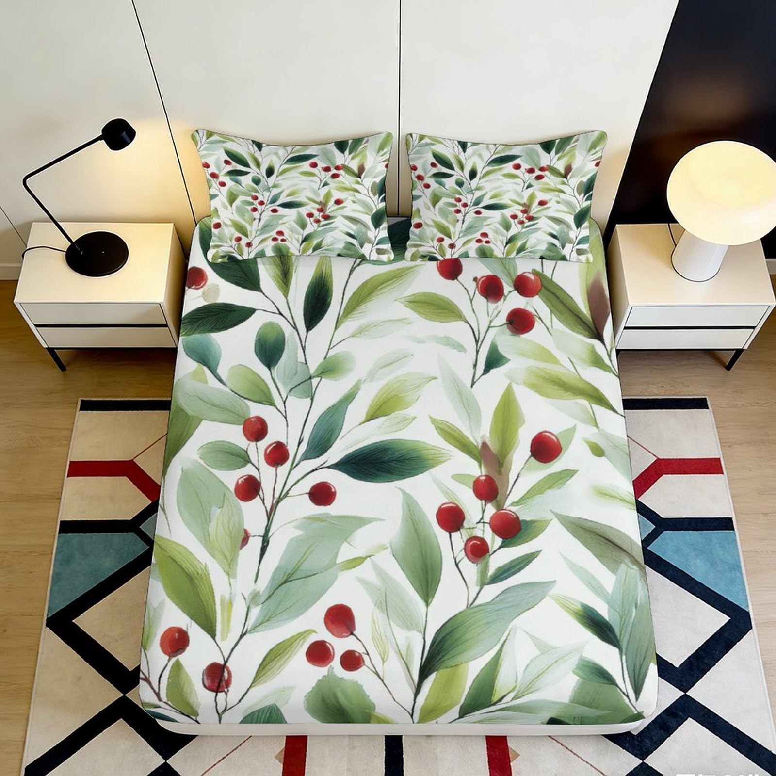 3D Printed Botanical Olive Branch Fitted Sheet Microfiber Soft Green Red Berry Mattress Cover for Bedroom Guest Room 90x200x25cm