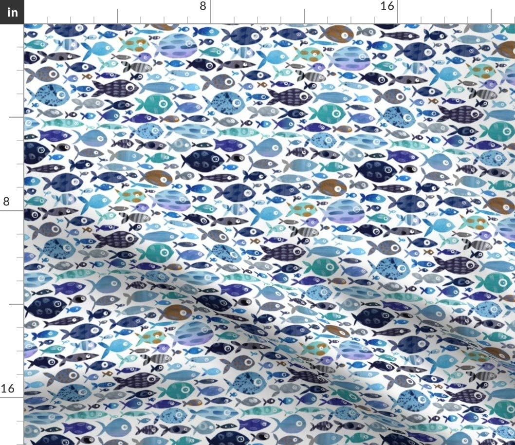 Spoonflower Fabric - Blue Watercolor Fish Sea Ocean Coastal Beach Summer Nursery Nautical Printed on Petal Signature Cotton Fabric Fat Quarter - Sewing Quilting Apparel Crafts Decor