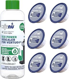 Descaling Kit Compatible with Nespresso Vertuo, 2 Uses Descaling Solution and 6 Cleaner Pods. Removes Limescale & Cleans Pod Area. Better Tasting & Hotter Coffee. 4 Months Supply.