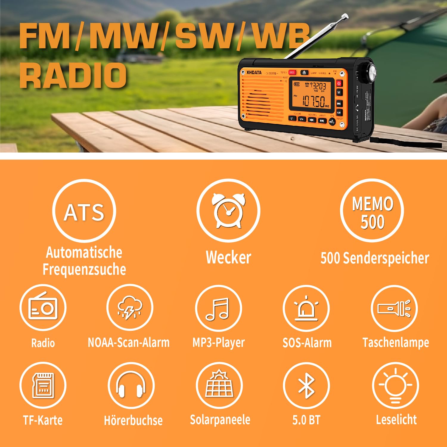 XHDATA D608WB Tragbares Notfall Radio mit Kurbel Solarradio mit Kurbel 3000mAh Akku Wiederaufladbares LED Taschenlampe und Leselicht SOS Alarm FM/MW/SW Bluetooth-Musik für Outdoor und Camping