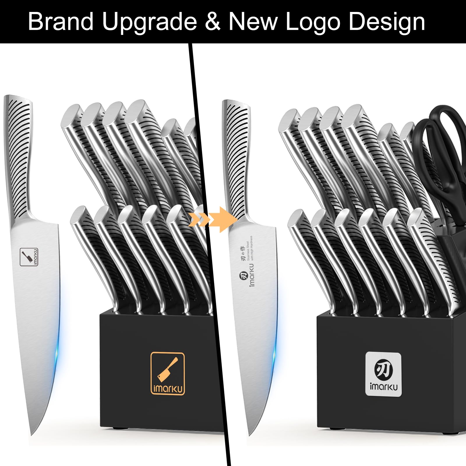 imarku Couteau Cuisine Professionnel, Set de 14 Couteaux de Cuisine en Acier Inoxydable, Bloc à Couteaux avec Aiguisoir, Poignée Ergonomique, Cadeau Fête des Pères