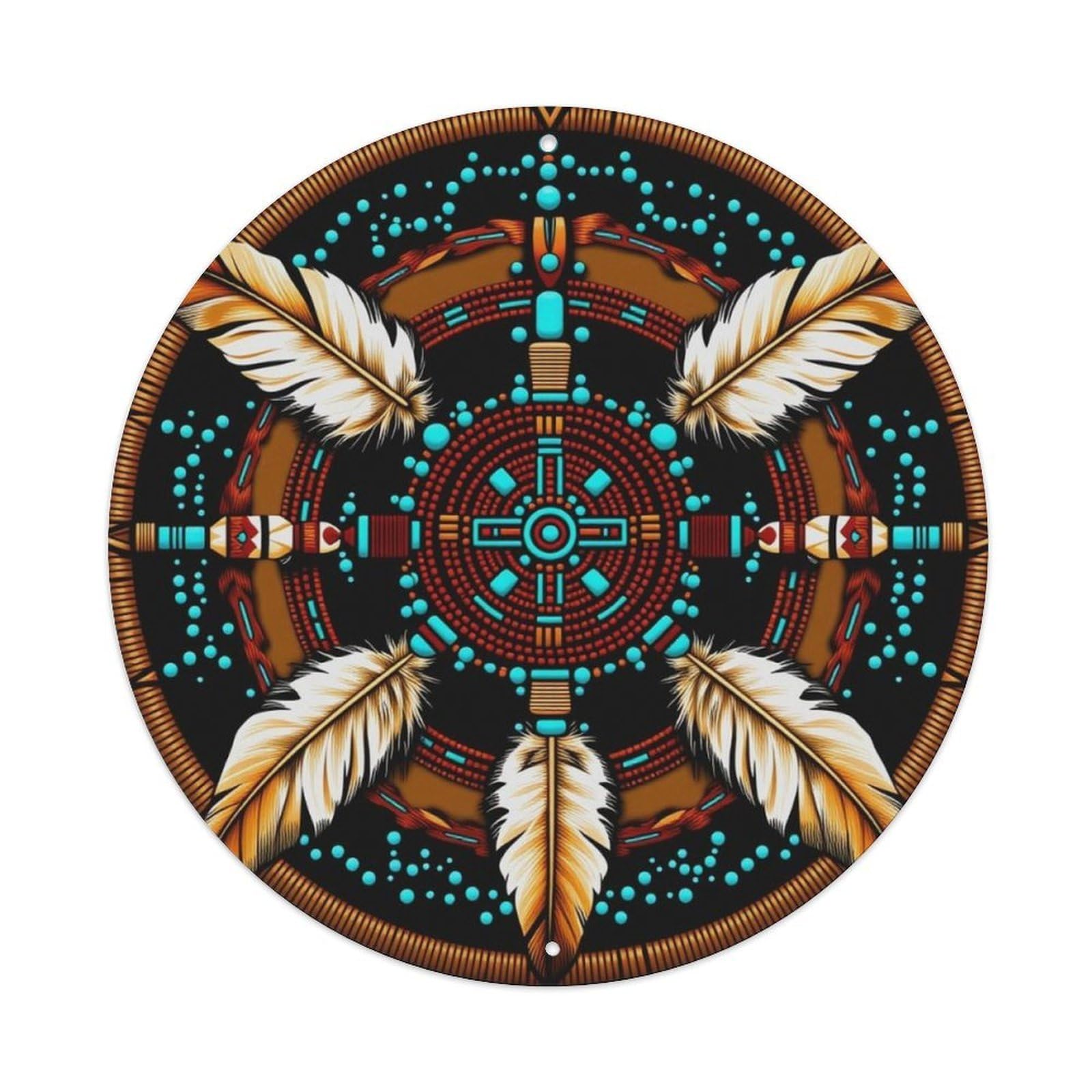 Native American Feather Mandala Round Decor Sign Vintage Aluminium Metal Sign, Retro Wall Decor for Home, Bar, Garage & Farmhouse 20x20cm