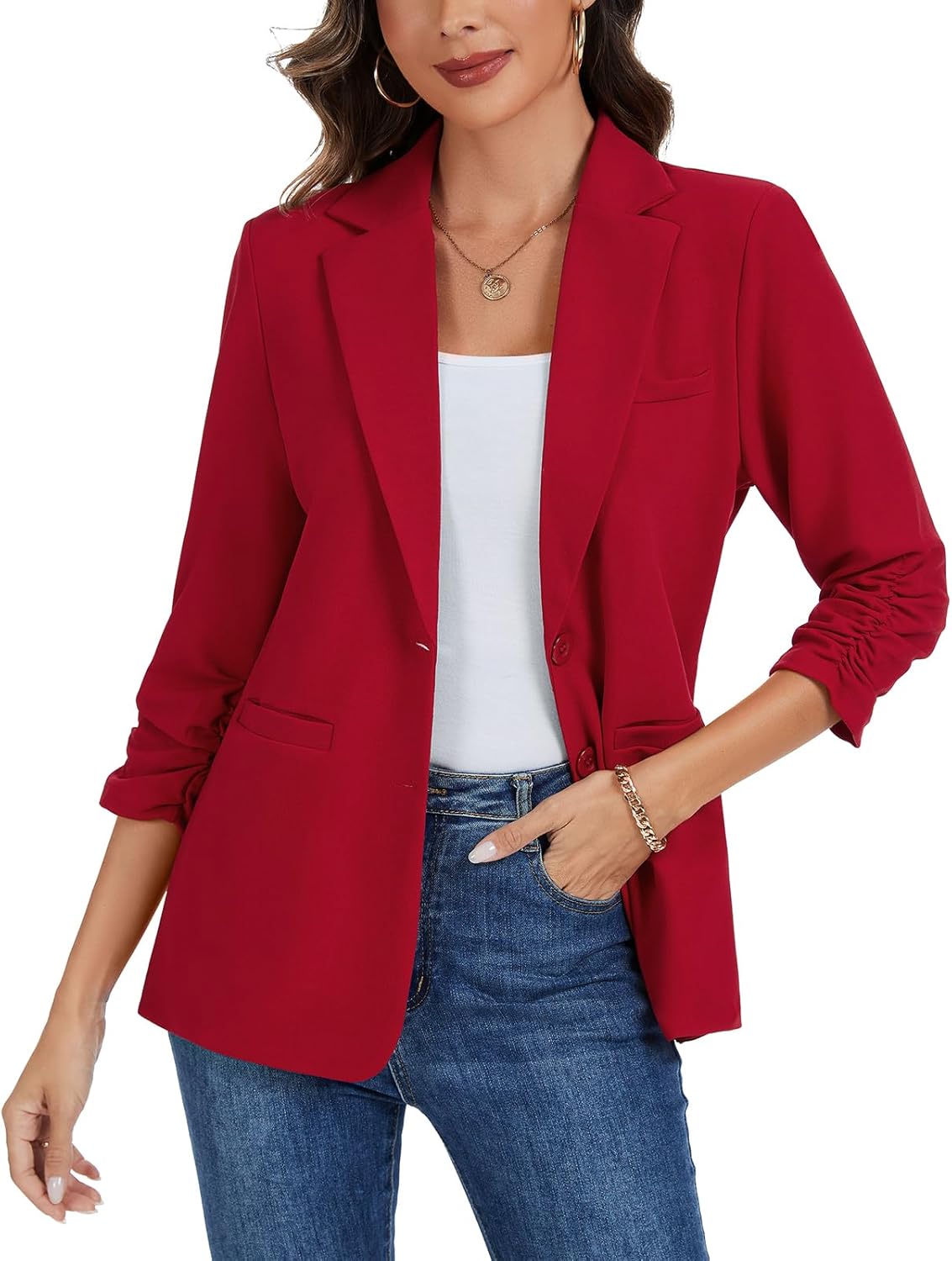 MINTLIMIT Ruched 3/4 Sleeve Blazer Jackets for Women Shoulder Pad Button Front Notch Lapel Casual Blazers with Pockets