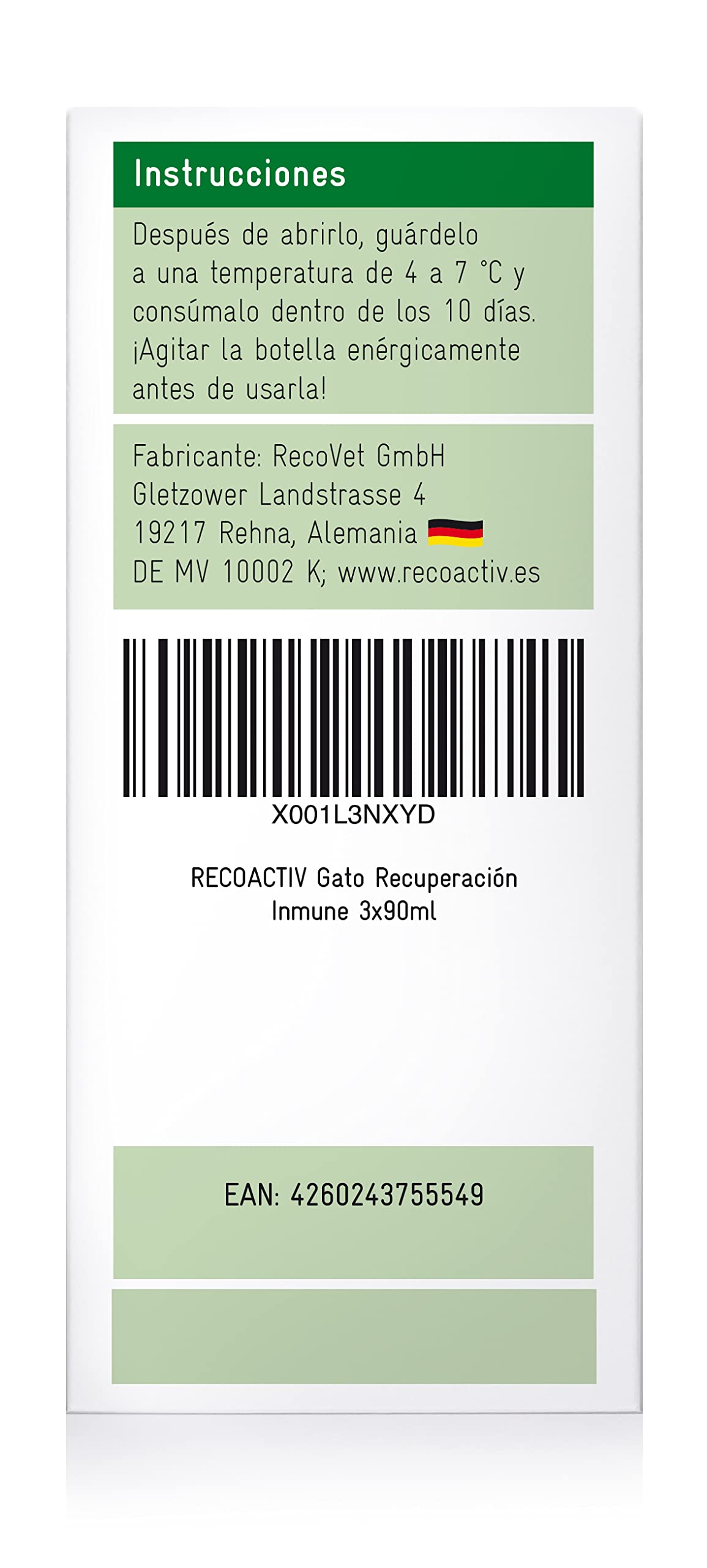 RECOACTIV Recovery Immun Gatos - alto en calorías, muy palatable, para un rápido aumento de peso y en caso de desnutrición, durante la recuperación y en caso de ingesta reducida de alimento, 3 x 90 ml