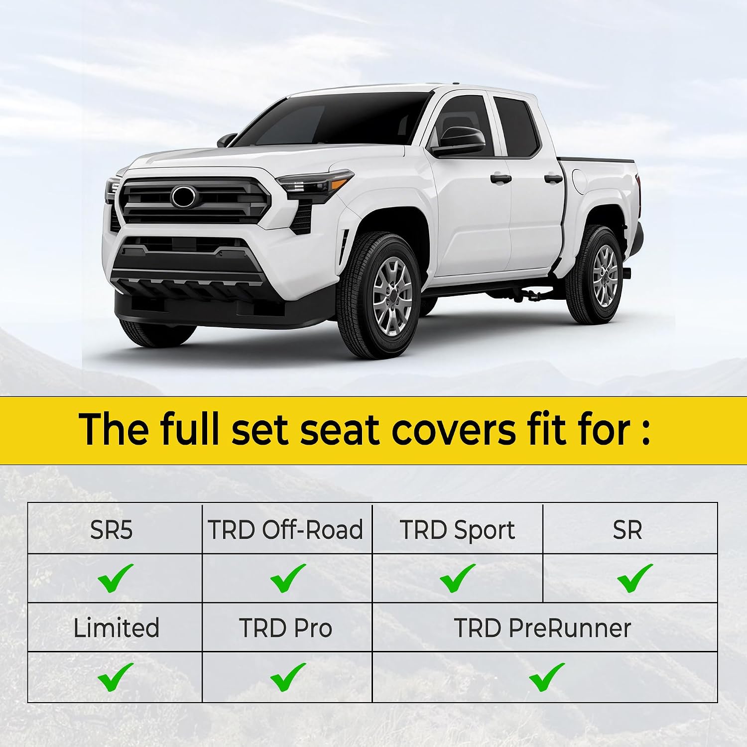 Trucks Seat Covers Fit for Toyota Tacoma 2024 2025 2026 Leather Car Seat Covers for Pick-up Double Cab SR,SR5,TRD Sport,TRD Off-Road,Fully Covered Car Seat Protector (Black,5 Full Set)
