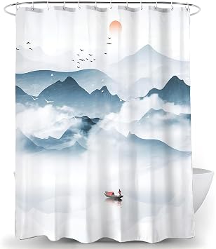 Blue Mountain Shower Curtain 72x72 Inch - Nature Landscape Bathroom Decor, Ink Painting Foggy Hills Lake Art, Modern Bath Curtain with 12 Hooks, Waterproof Repellent Fabric Wrinke-Free, Easy Care