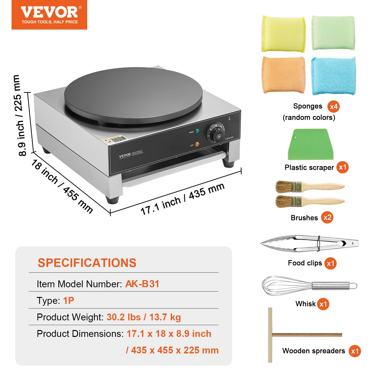 VEVOR Crêpière Électrique 40 cm, Appareil à Crêpes Commercial, Machine à Crêpes Antiadhésive, Plaque Chauffante à Crêpes Plate, 1700 W, en Acier Inoxydable, avec Contrôle de la Température, Restaurant