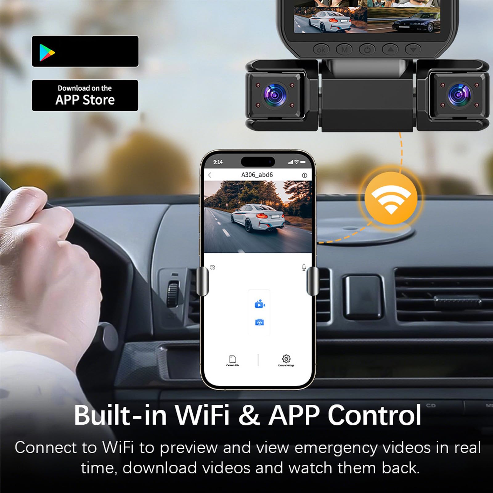 Caméra Embarquée 4 Canaux avec Wi-FI Et Vision Nocturne, Dashcam Voiture sans Fil, Vision À 360°, Ultra Grand Angle 170°,Enregistrement en Boucle Caméra Embarquée, 24h Mode Parking (A,4 Canaux)