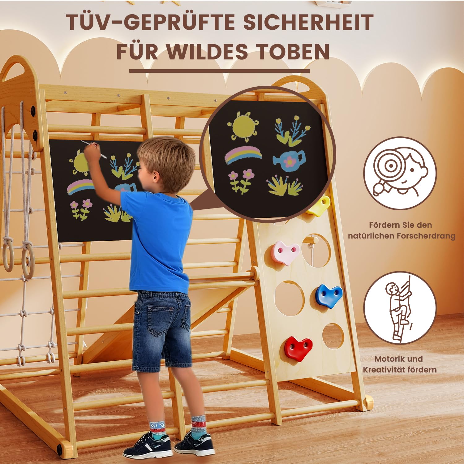 Klettergerüst Indoor Klappbar, Montessori 9-in-1 Holzspielplatz mit Rutsche, Schaukel & Kletternetz, Sprossenwand Kletterdreieck für Kinder 1-6 Jahre (Natur)