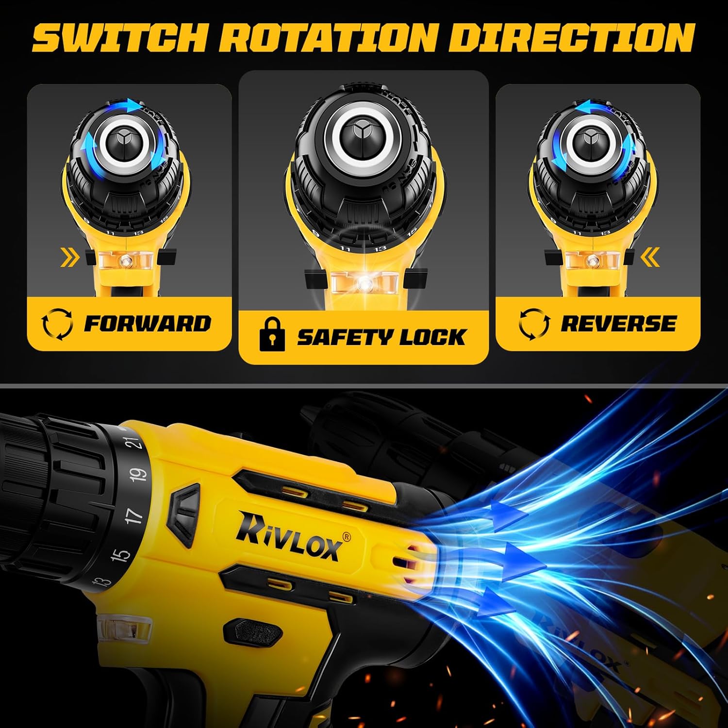 20V Cordless Drill Set,Electric Power Drill Cordless,Power Drill Drivers,Electric Screwdriver - 2.0Ah Batteries, 30Nm，21+1 Torque,2 Speed, Built-in LED,Kit for Home, Yellow
