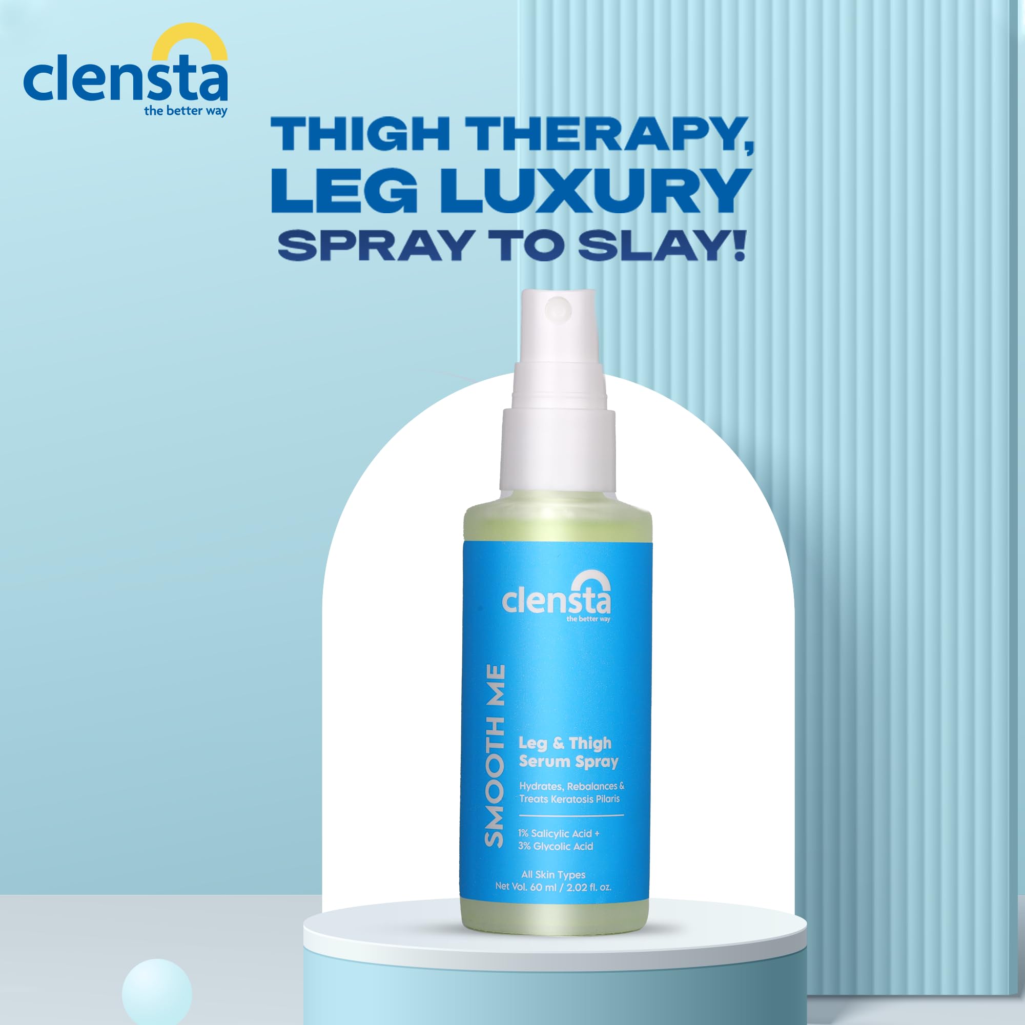 Clensta Leg And Thigh Serum Spray 1% Salicylic acid + Glycolic Acid For Hydrates, Keratosis Pilaris, Rough Skin Dark Spots & Daily Use| Men & Women | For all skin types 60ml 3